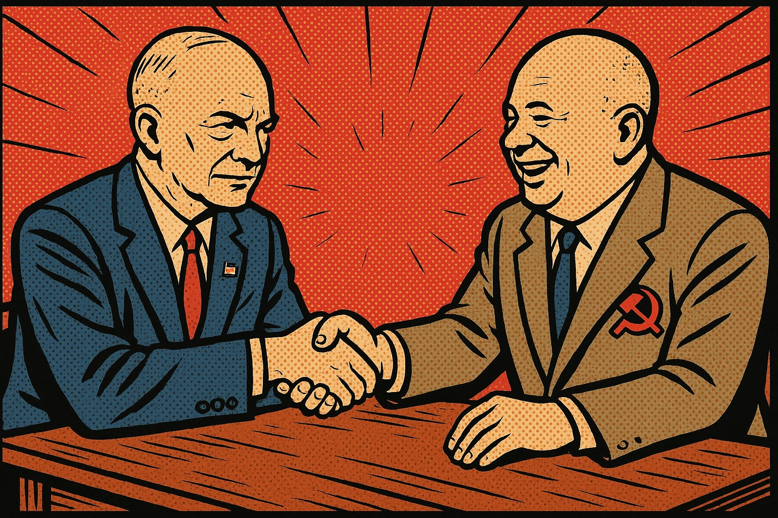 US President Eisenhower wearing a suit with a US badge on the chest shaking hands with Soviet leader Khrushchev wearing a communist party badge and smiling. They are sitting around a negotiating table. emoji