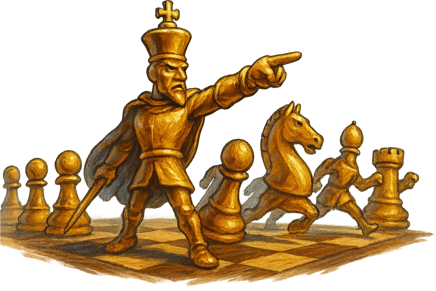 В cлегка рисованной, но при этом объемной, яркой и фотореалистичный стилистике сгенерируй картинку где по центру стоит шахматный король сделанный из качественного золота, он указывает пальцем в даль как военноначальник, а рядом фигуры пешек, конь, ладья, слон идут в атаку, на полу виднеется шахматная доска, фон позади фигур прозрачный фон emoji