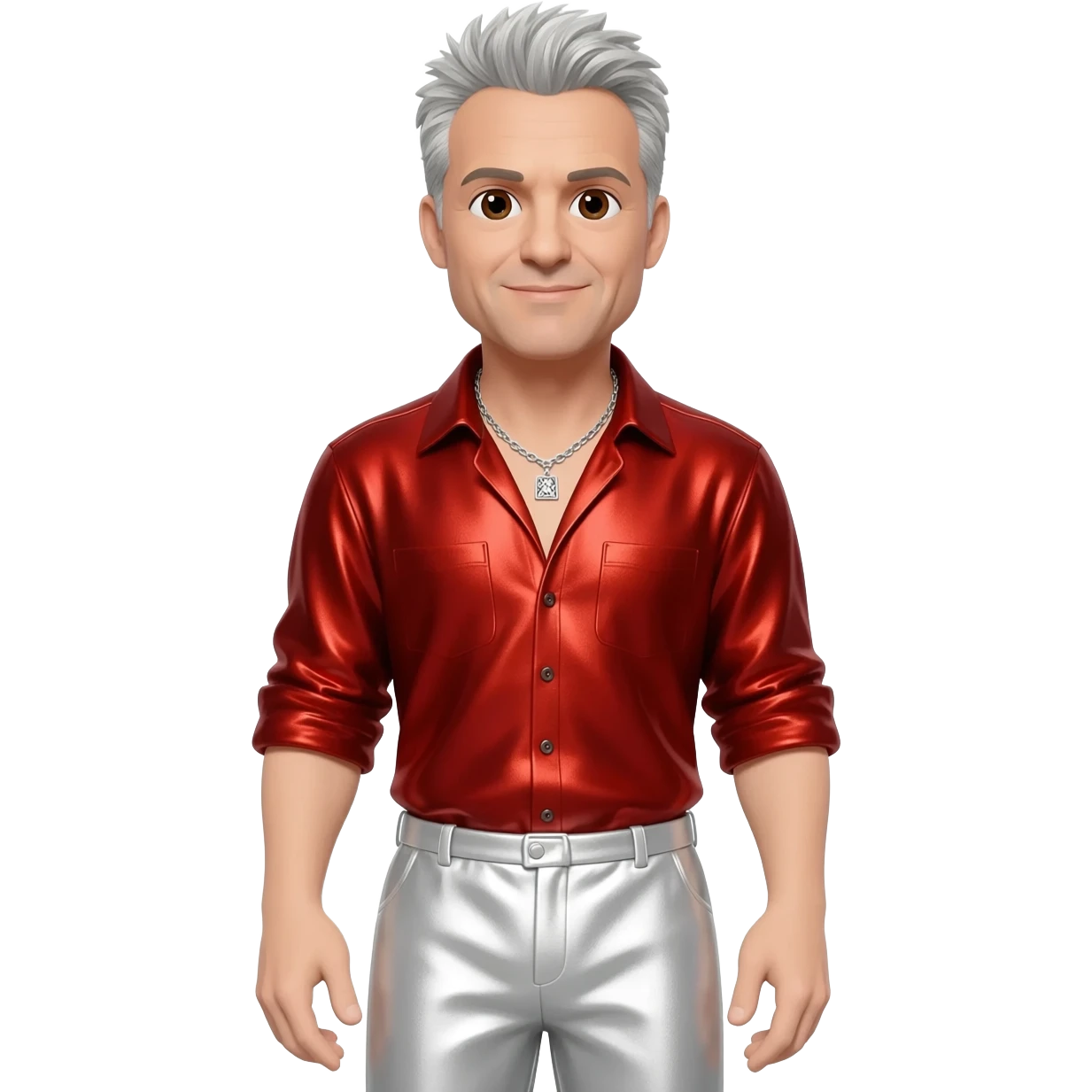 Johnny Knoxville with brown eyes, silver hair, red metallic shirt, white metallic baggy pants, silver necklace emoji