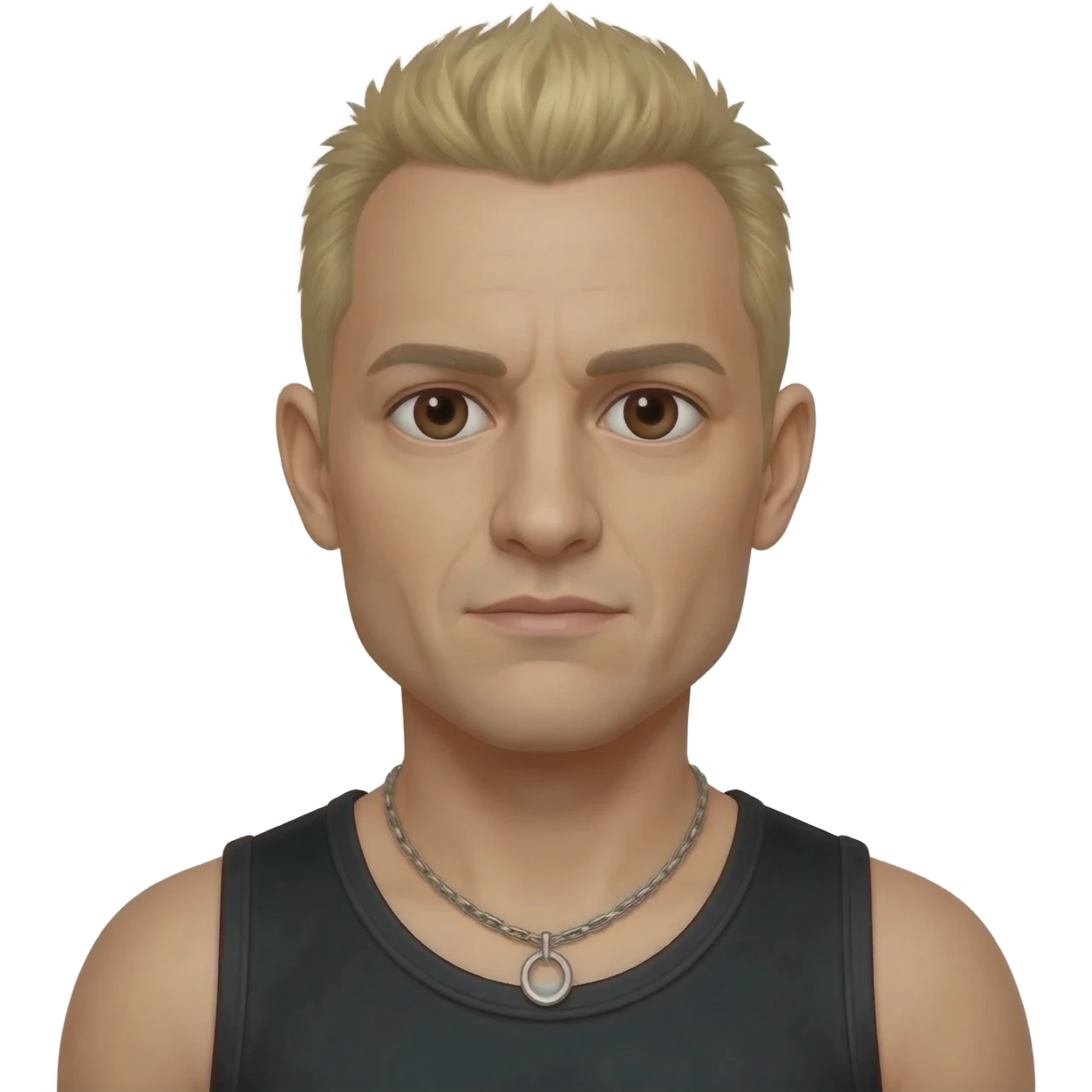 Chester Bennington with dark brown eyes, blonde hair, black metallic tank top, silver necklace emoji