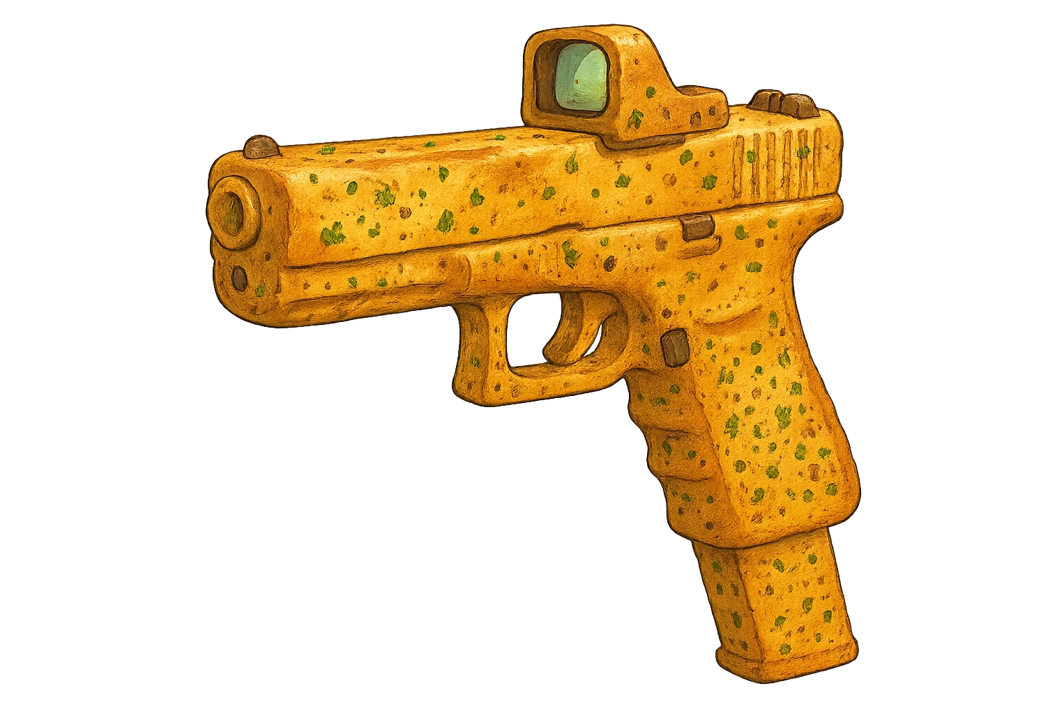 A glock with an extended magazine and holo sight, except it’s garlic bread  emoji