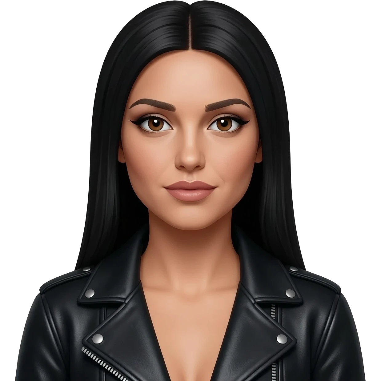 hyperrealistic foto of an italian white woman with black long straight hair, long nose, almond eyes, large mouth, thin lips, eyeliner and black leather jacket emoji