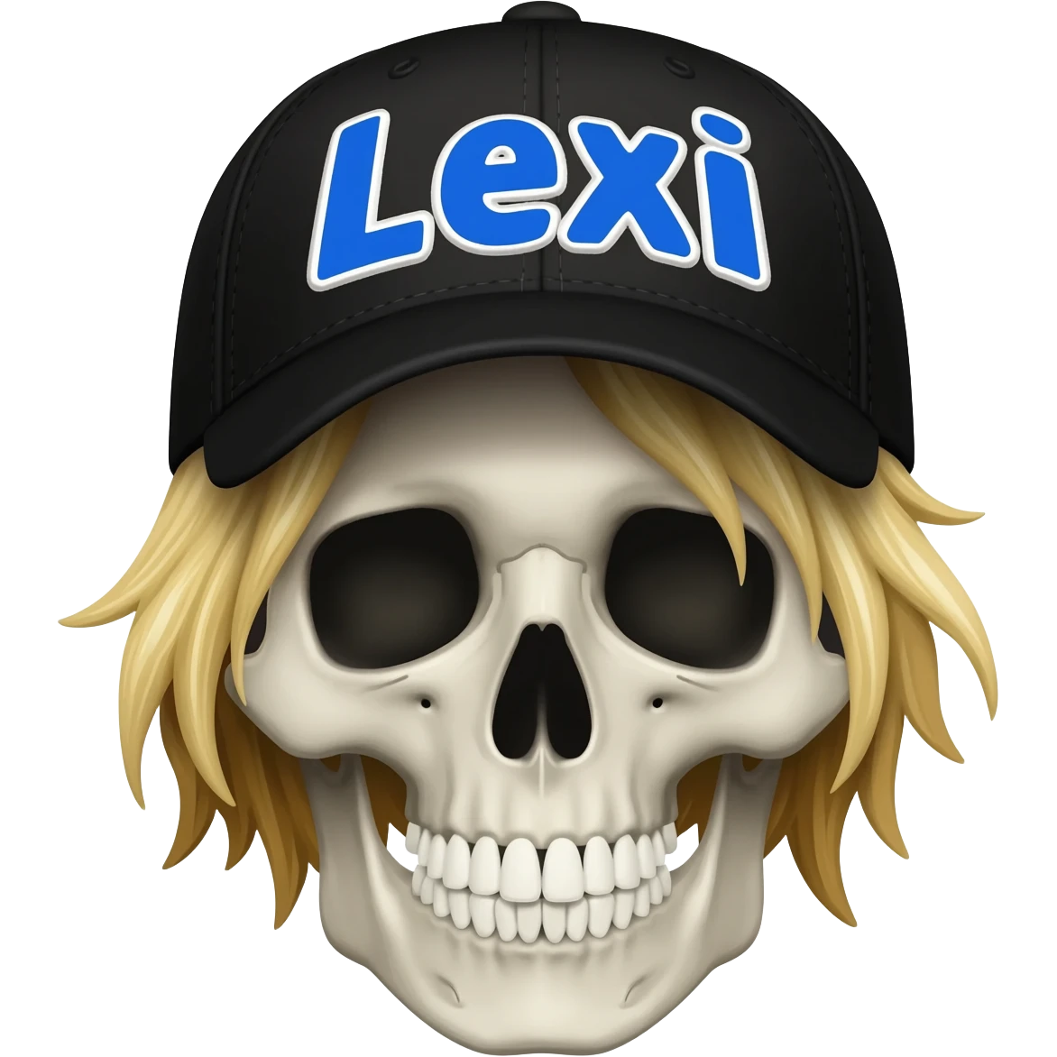Create a skeleton head wearing a black baseball cap that says " Lexi " in blue, and white lettering, with dirty blonde hair emoji