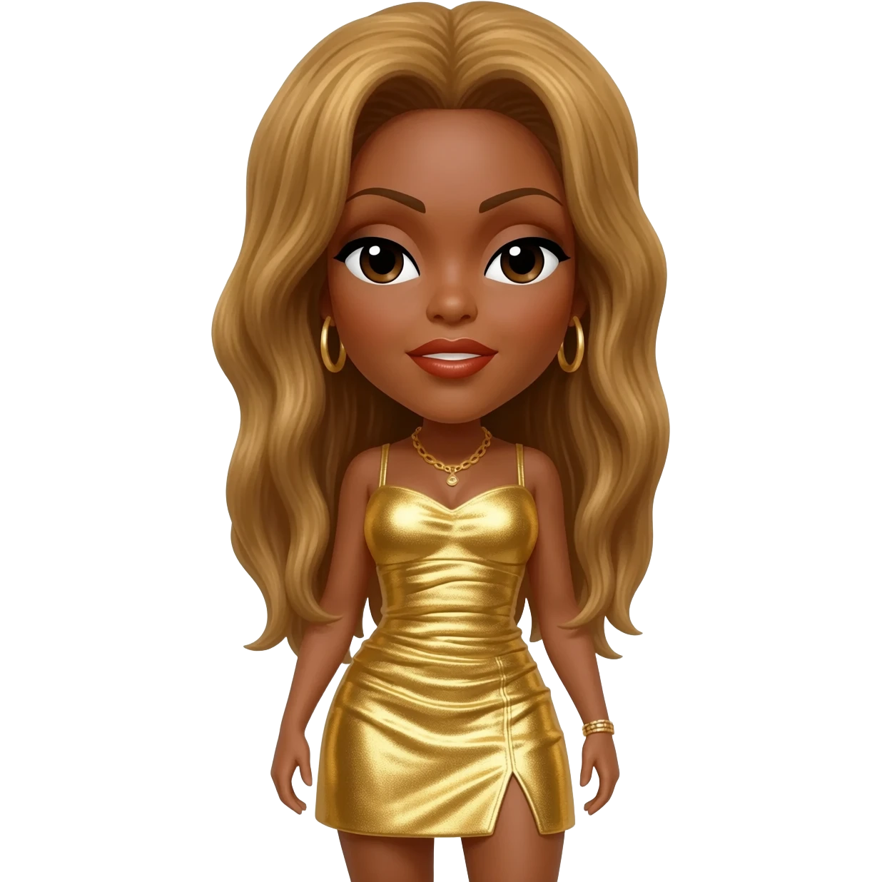 Tina Turner with long golden brown hair, gold metallic short dress emoji