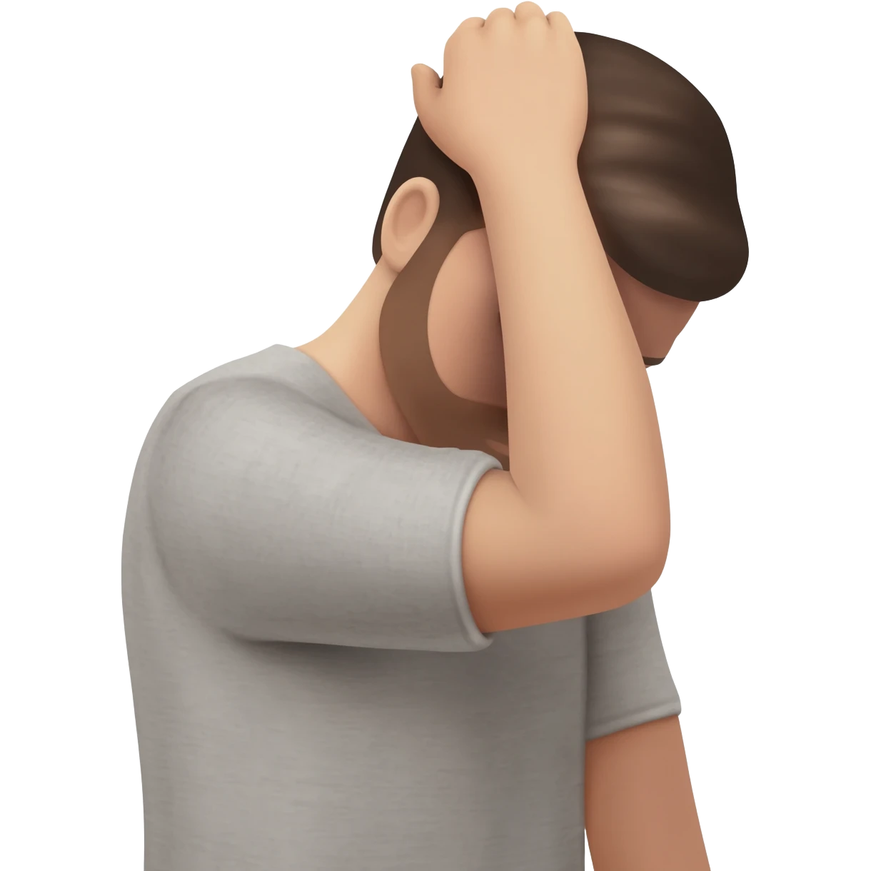 A man who is depressed with his left arm draped over his head so the inside of his left elbow is on his head and his left hand is touching his right shoulder emoji