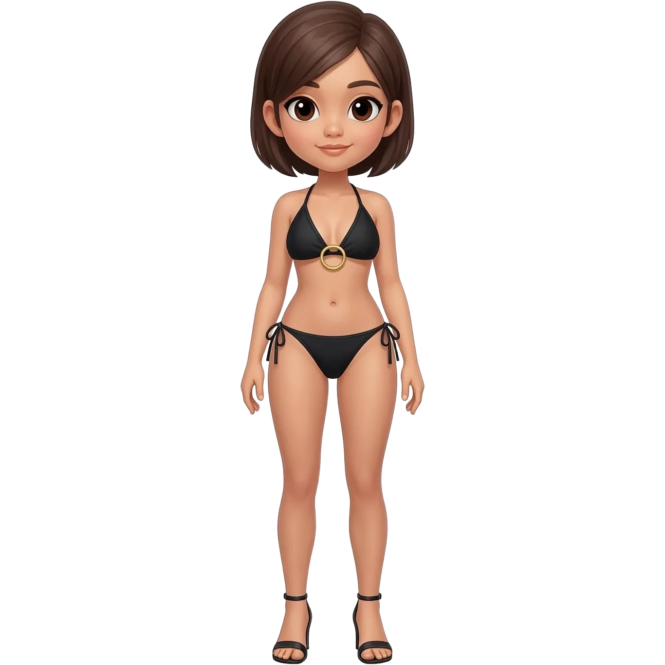 Filipino girl black triangle top gold o ring top bikini and tie tanga bikini bottom full body slim stand straight with high heels sandals brown short hair emoji