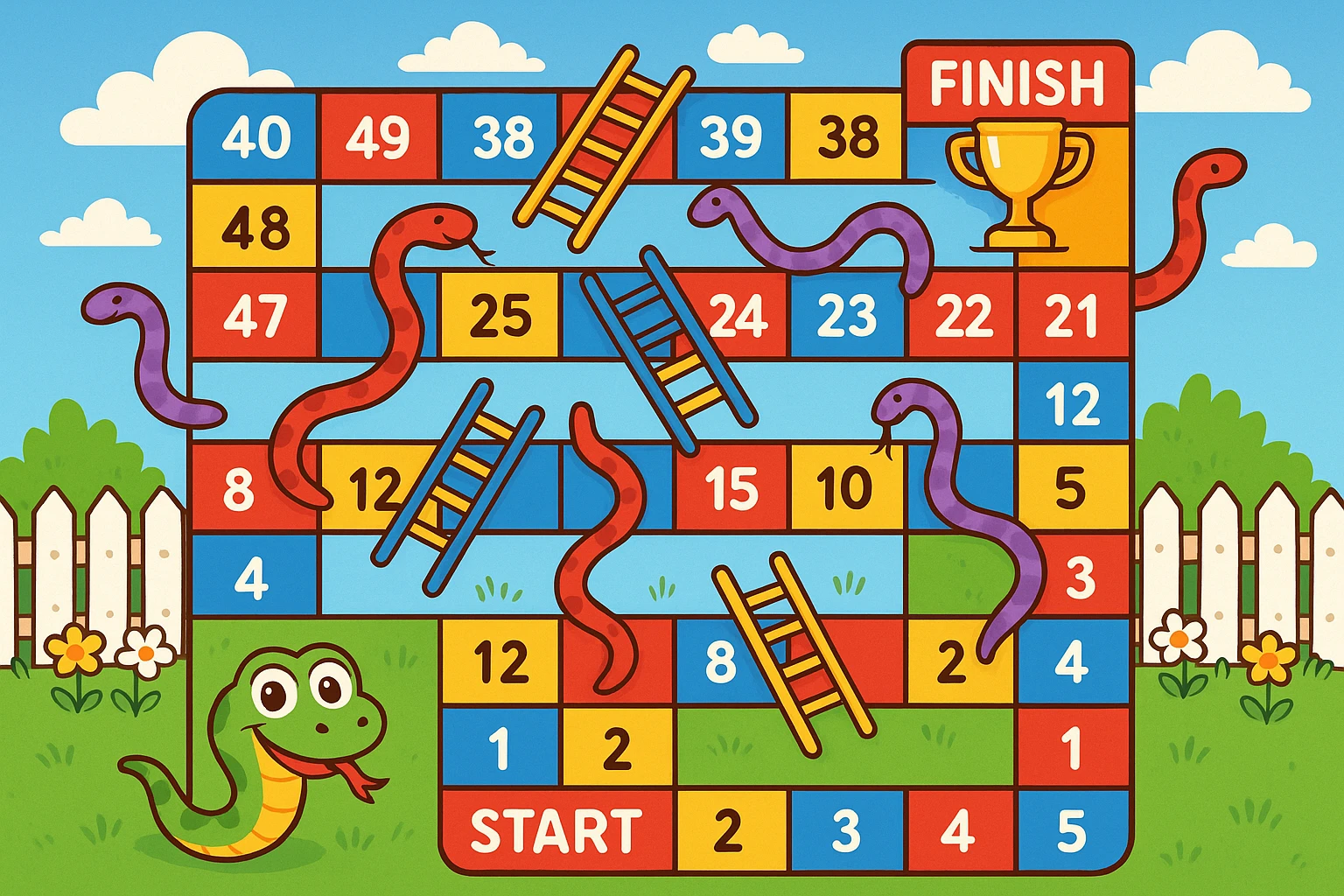 Create a colorful rectangular board game path in the classic "Snakes and Ladders" style. The path consists of 50 numbered squares arranged in a winding pattern across 4–5 horizontal rows. The path starts in the bottom-left corner with a cheerful cartoon snake's face and the word "START", and ends in the top-right corner with a trophy icon and the word "FINISH". Include several snakes that slide the player down (curvy red or purple snakes with playful expressions) and ladders that move the player up (brightly colored ladders with blue or yellow rungs). Some squares are colored differently (e.g. red, blue, yellow) to indicate special actions. The background is bright and fun, with a blue sky, white clouds, green grass, and a picket fence with flowers. Style: digital cartoon illustration with bold lines, vibrant colors, and a joyful, child-friendly atmosphere. The entire board should be playful, engaging, and suitable for kids aged 5–10. emoji