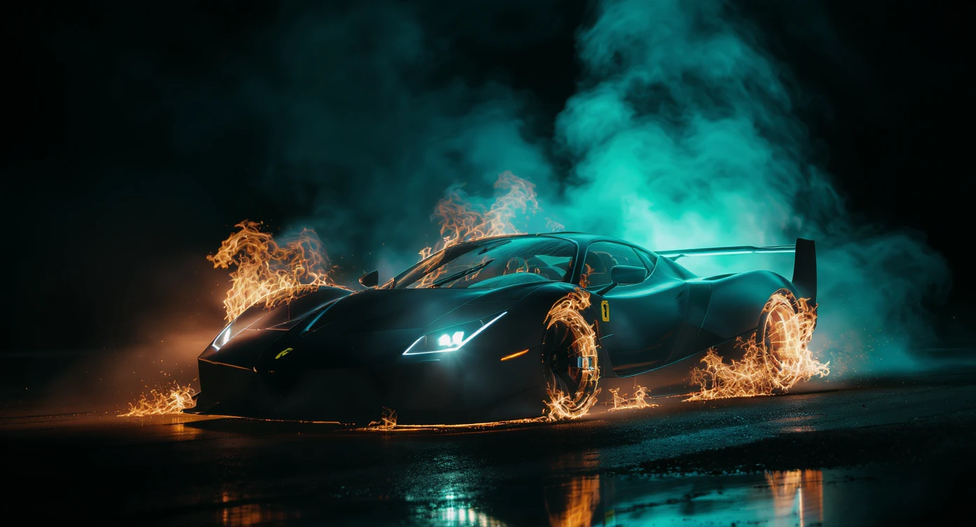 ferrari f40 in fire, black voice around, top spot light, dark has turquoise shade, cinematic look, captured on arri alexa emoji