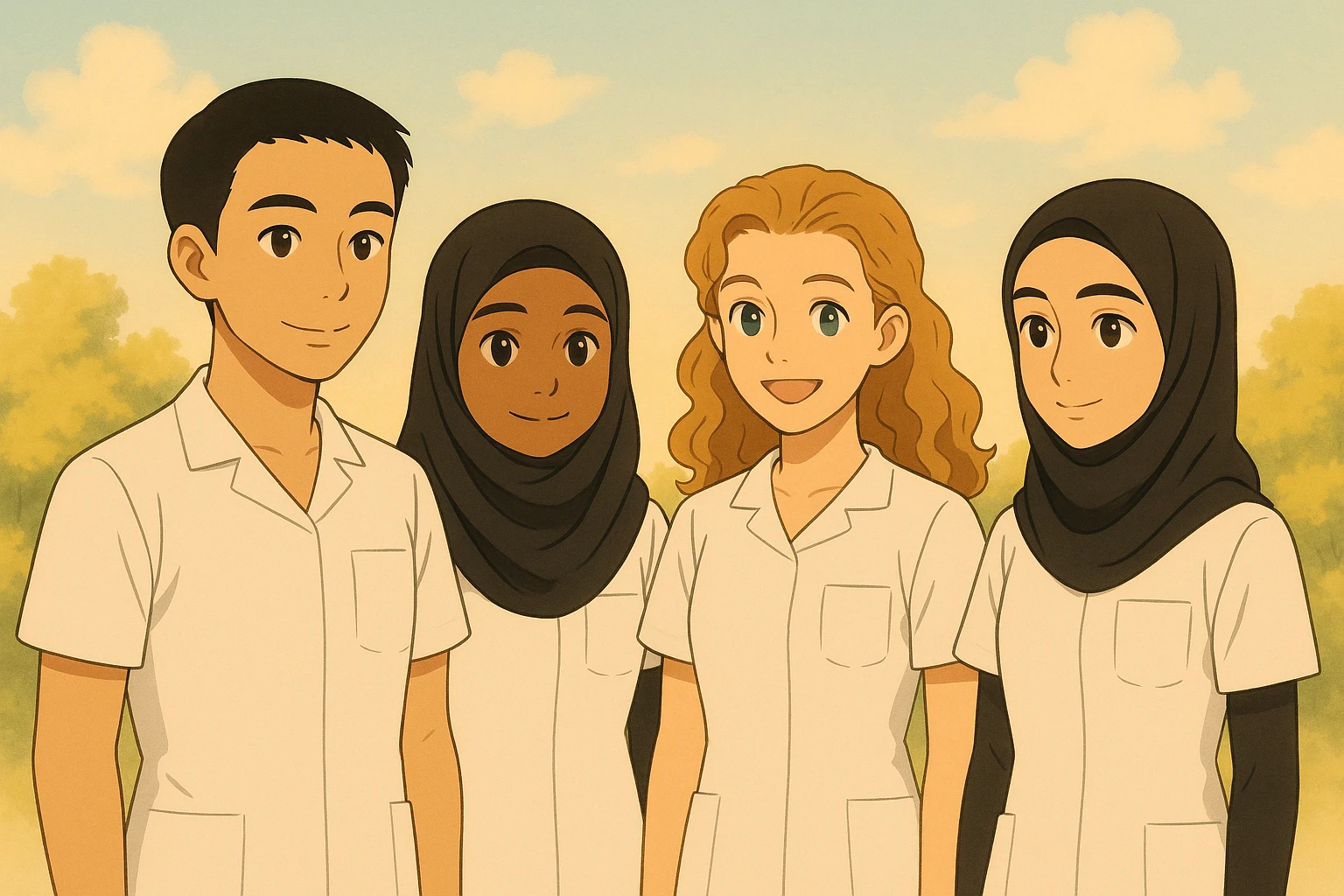 Transform the scene into Ghibli style: four nursing students standing side by side without touching, warm atmosphere, wearing short-sleeved white uniforms without undershirts or stethoscopes, soft and bright background, maintain the diversity of the group. emoji