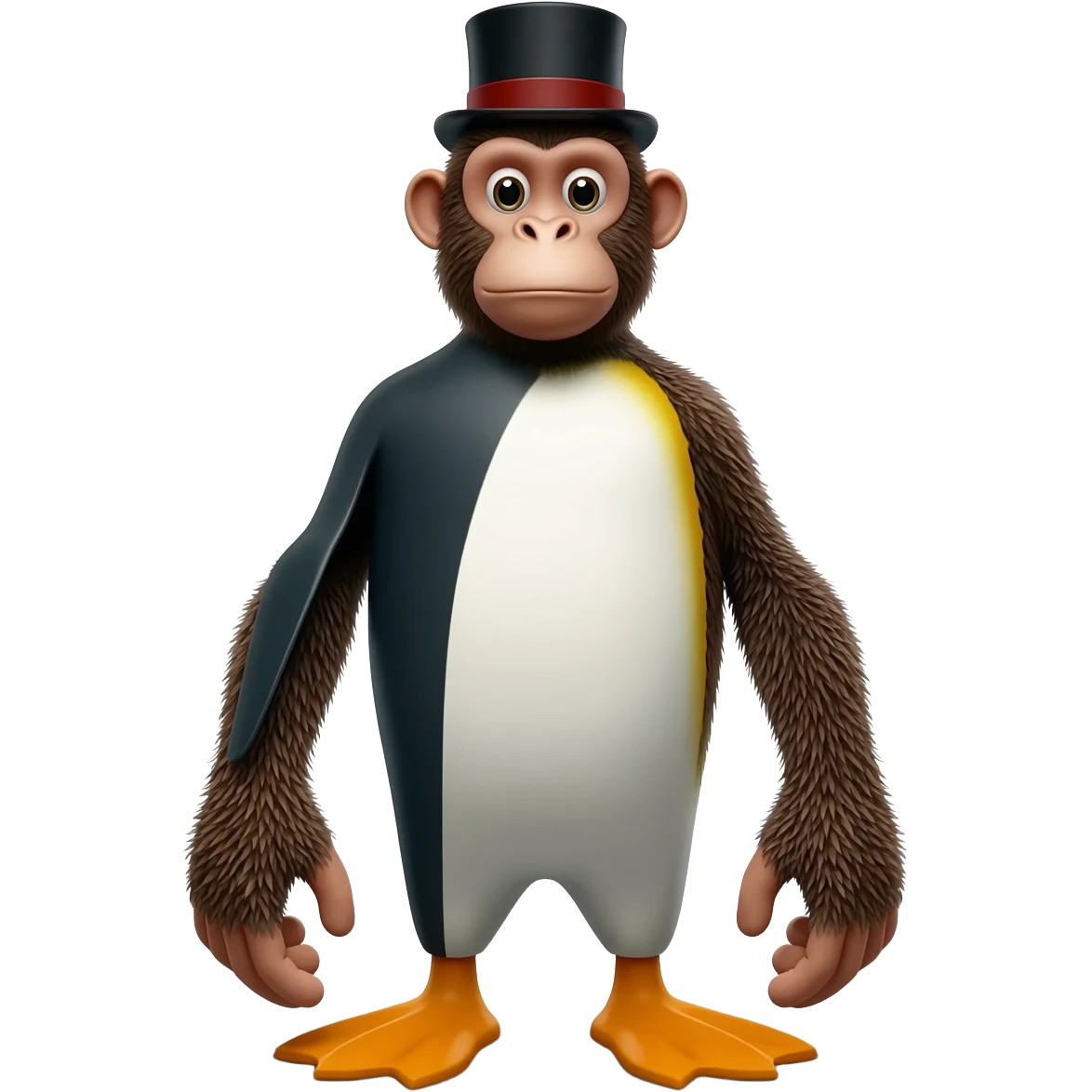 Something 50 percent penguin 50 percent monkey wearing a top hat emoji