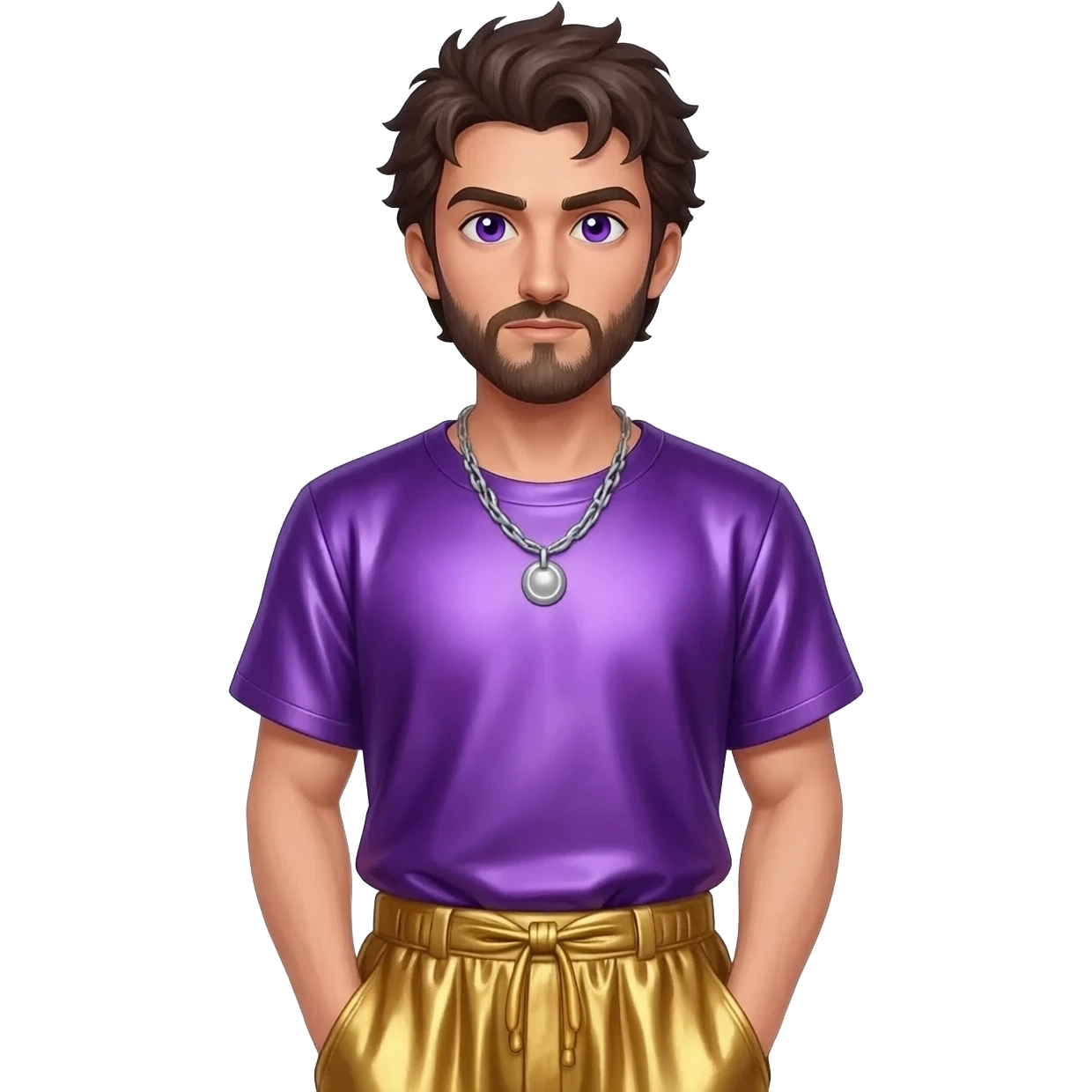 Dionysus from Greek Mythology with purple eyes, dark brown hair, purple metallic shirt, gold metallic baggy pants, silver necklace emoji
