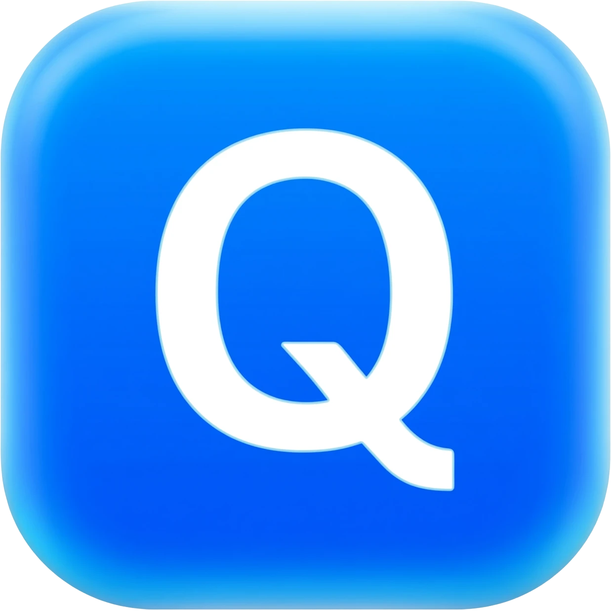 "3D premium,3D rounded-square icon in strong bleu with a beveled edge, bold serif white letter 'Q'centered, strong specular highlights, inner glow, 1024x1024, png" emoji