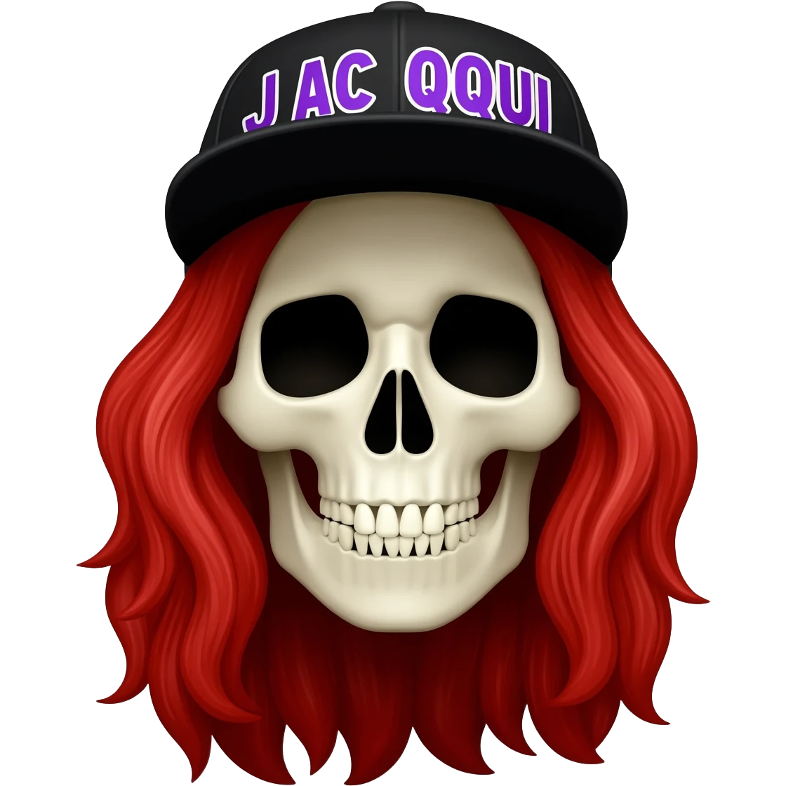 Create a skeleton head wearing a black baseball cap that says " J A C Q U I " in purple, and white lettering, with long red hair emoji