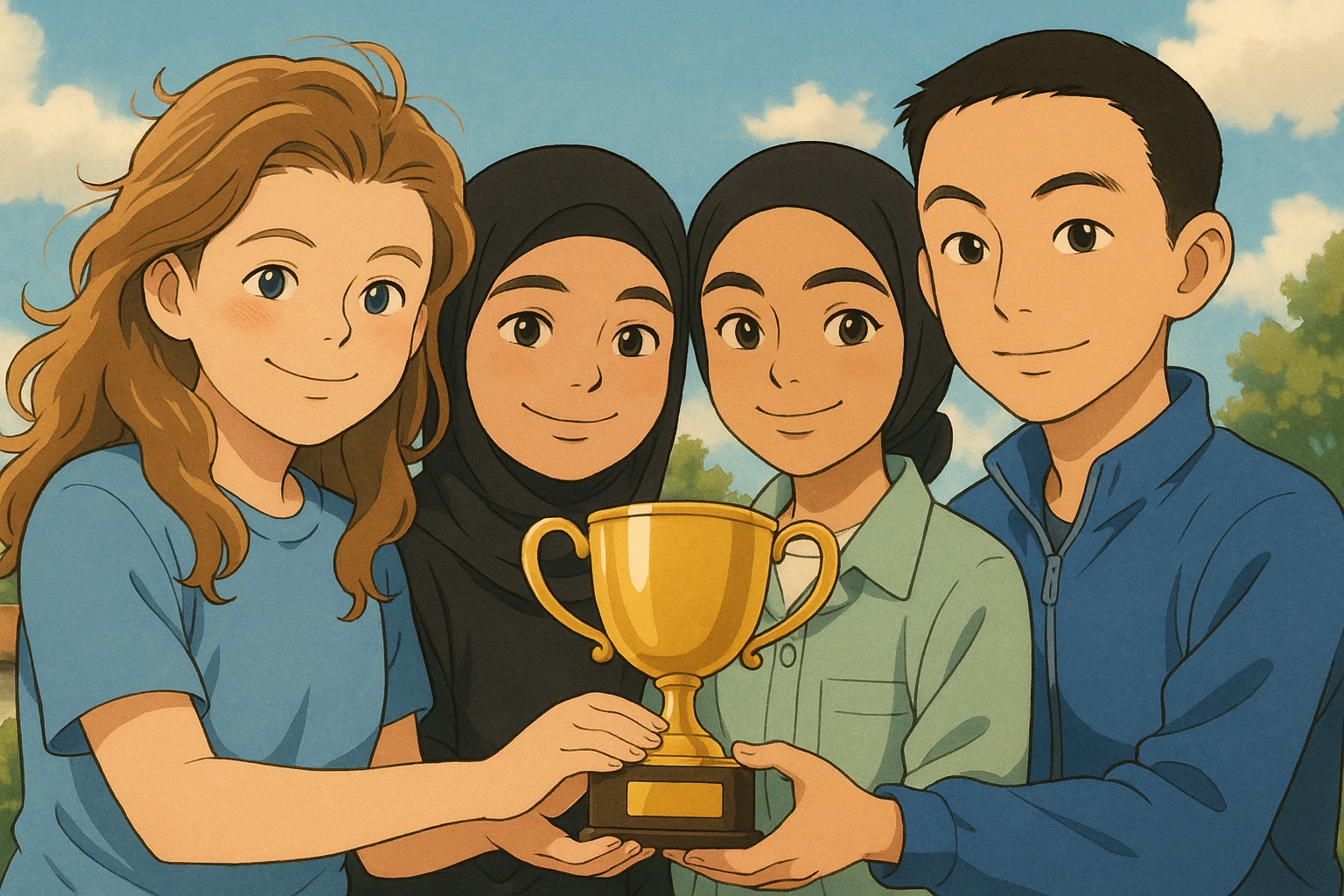 Four characters inspired by the reference photos, in Ghibli style, smiling, holding a trophy together, warm and friendly atmosphere. Generate the third variation. emoji