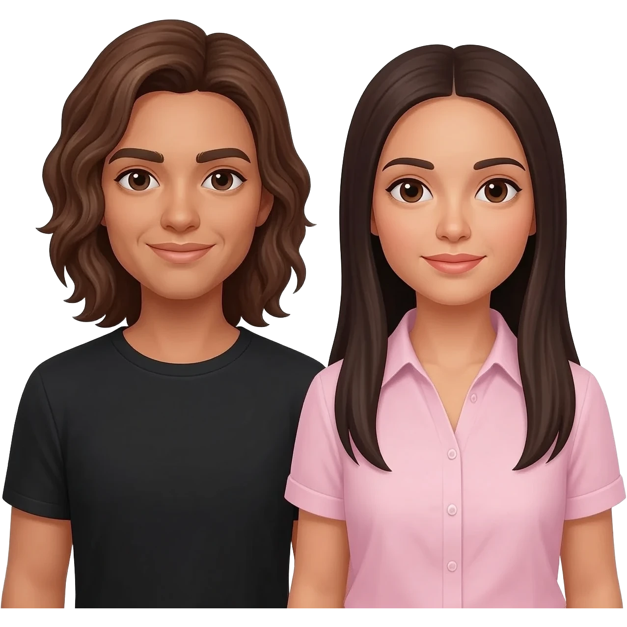 two friends one has toasted skin brunette wavy longish hair black shirt . other is straight dark brown hair long natural skin tone light pink shirt emoji