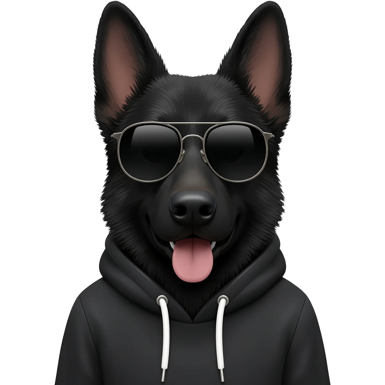 Black German shepherd dog wearing a hoodie and sunglasses emoji