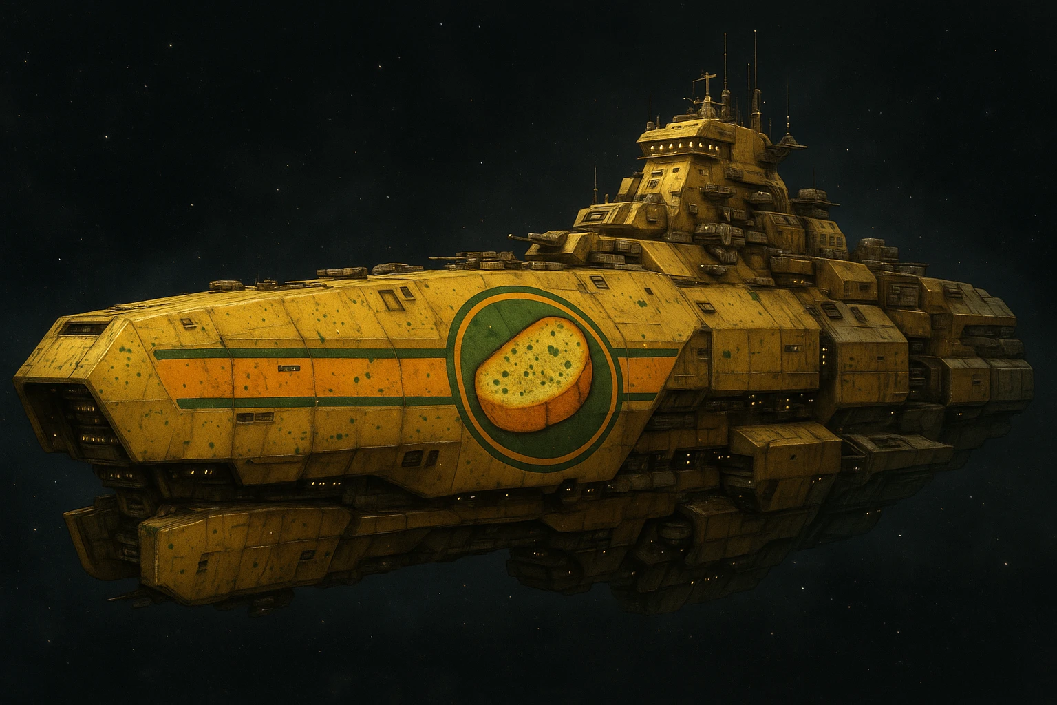 a massive cruiser size space supercarrier space ship, except it is decorated in a garlic bread insignia and paint scheme emoji
