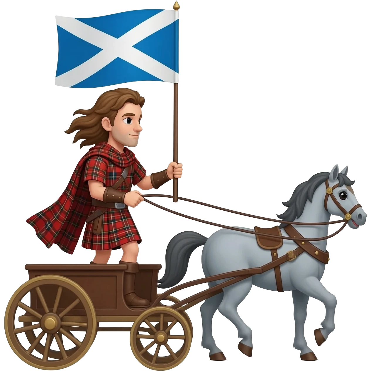 Warrior driving chariot wearing red tartan kilt with long brown flowing hair carrying a Scottish flag,  pulled by a grey horse emoji