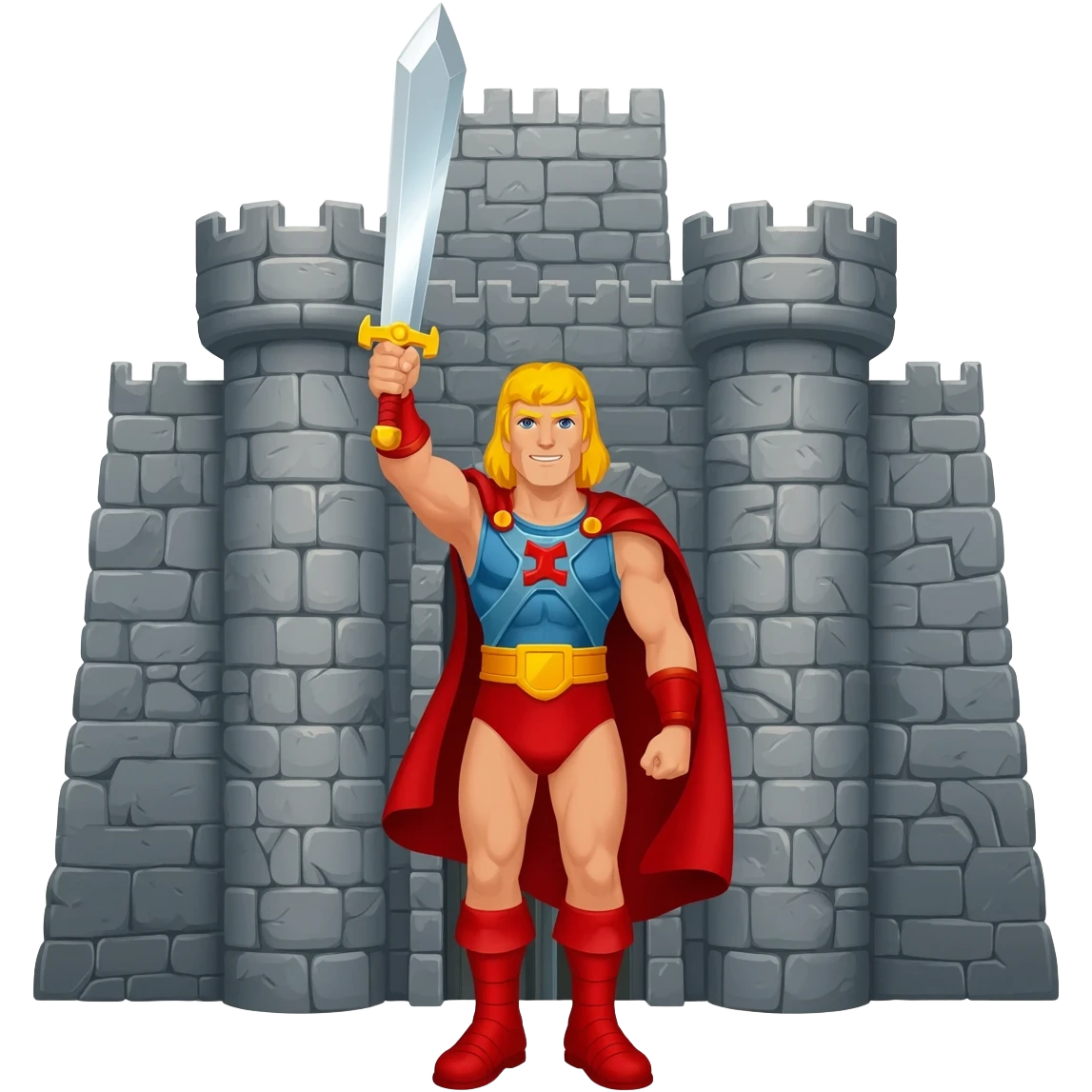 He-man holding up sword in front of grayskull castle emoji
