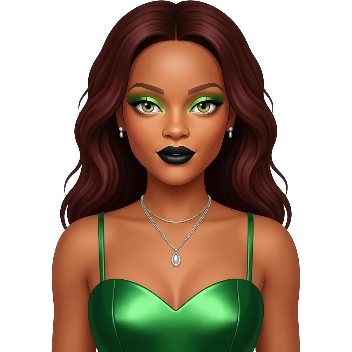 Rihanna with hazel green eyes, long dark auburn hair, light green eyeshadow, black lipstick, green metallic sweetheart dress, silver necklace and earrings emoji