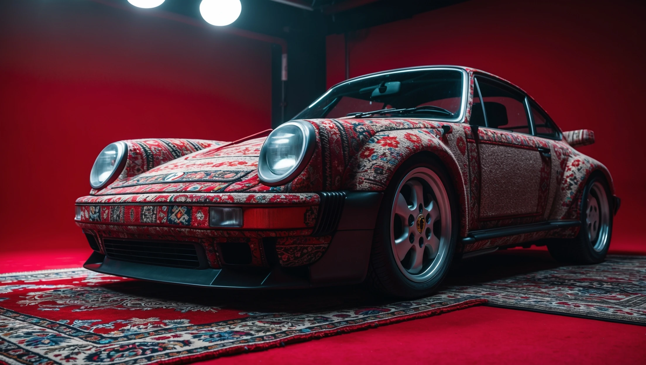 Closeup shot of a porsche 911, body of car made of russian carpet with patterns, red solid studio background, very dark room, top low key light, dutch angle, haze, captured by ARRI 65 emoji
