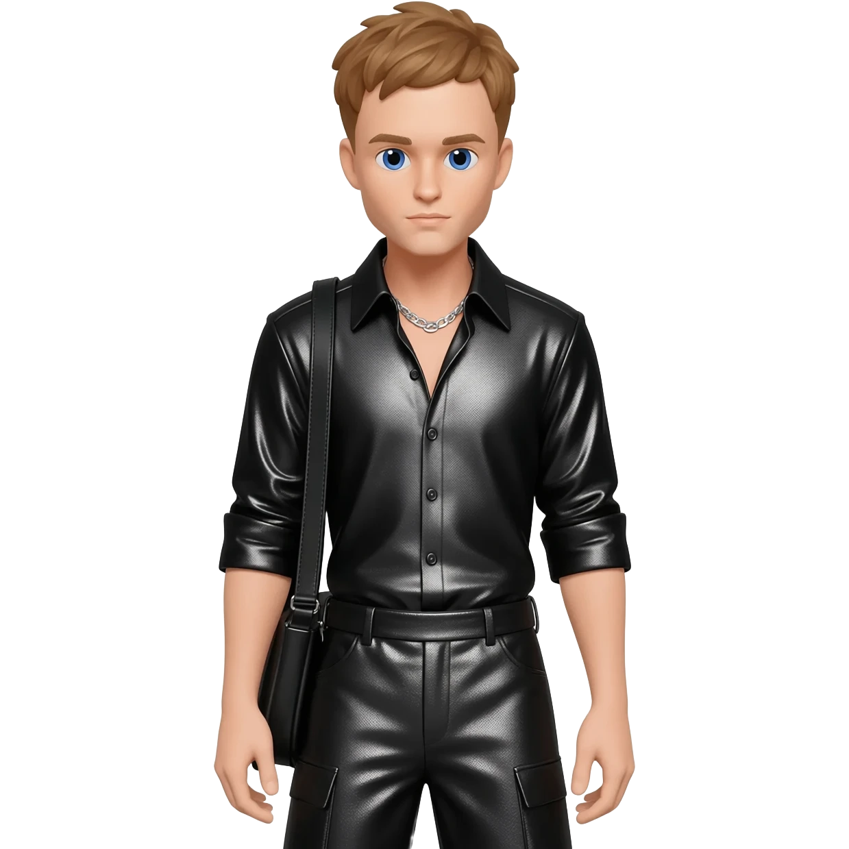 Justin Timberlake with blue eyes, light brown hair, black metallic shirt, black metallic baggy pants, silver necklace emoji