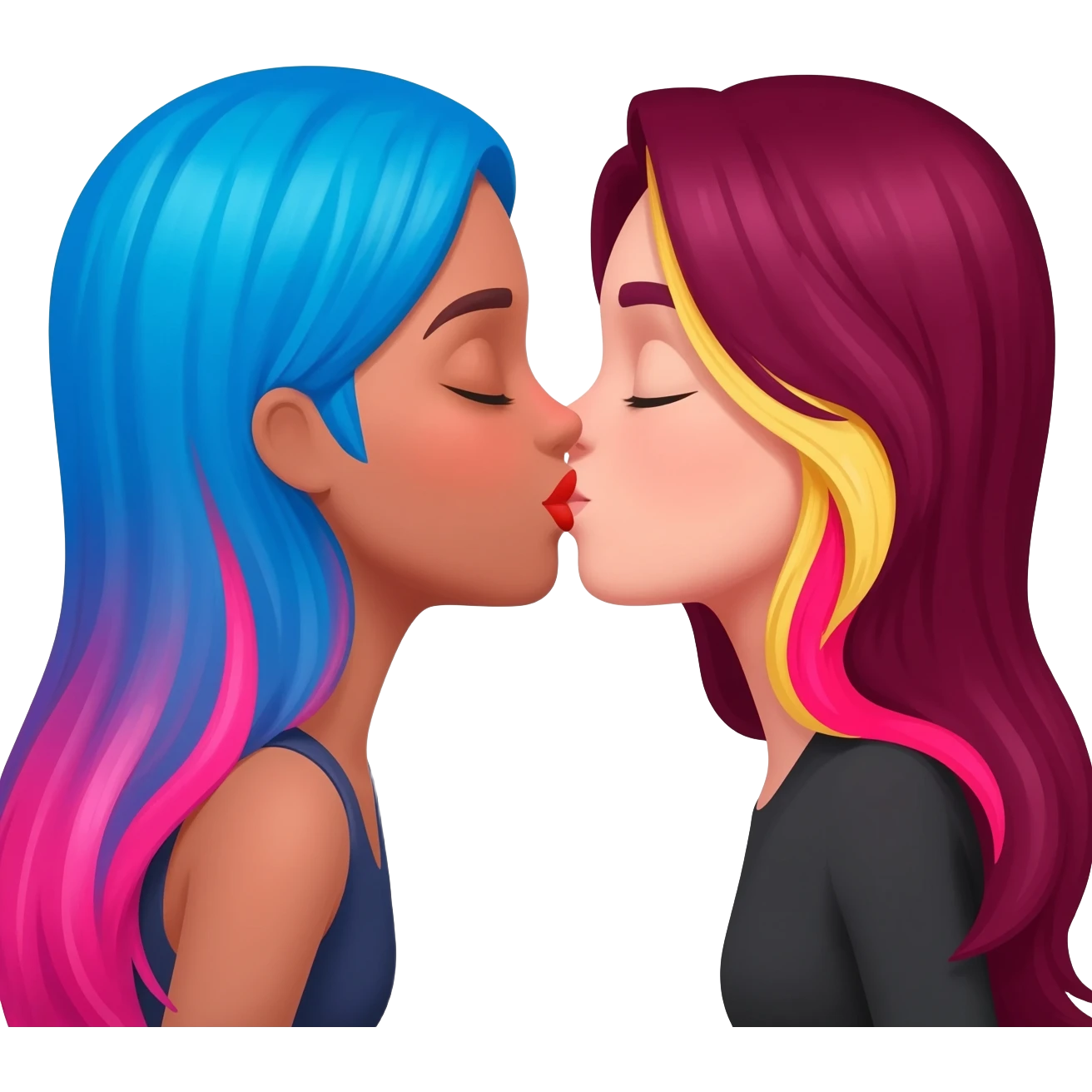 femme lesbians kissing, one has long blue and pink hair, the other has long burgundy hair with streaks of blonde and pink at the front emoji