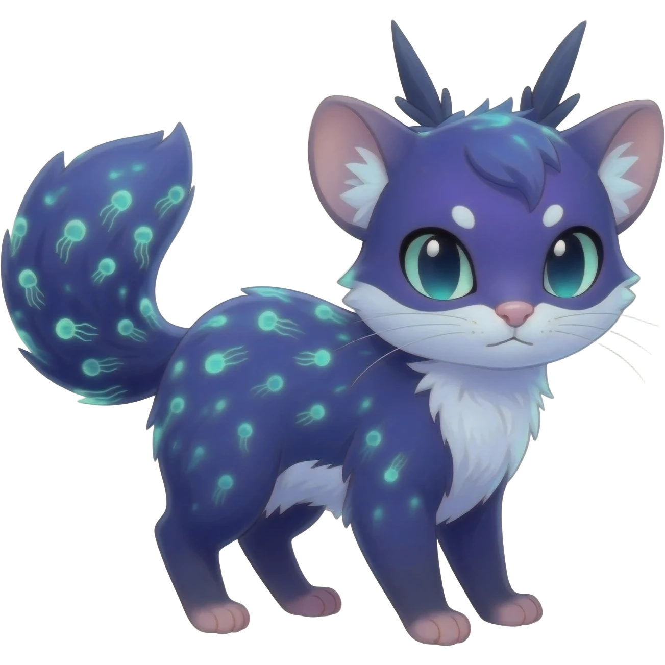Hyper realistic  indigo fur seeded with bioluminescent plankton speckles beautiful elegant pretty precious cute  Fakémon-Pokémon-opossum-feline-serval-caracal-chinchilla-Furret-Minccino-hybrid-creature with a big fluffy bushy tail (full body) emoji