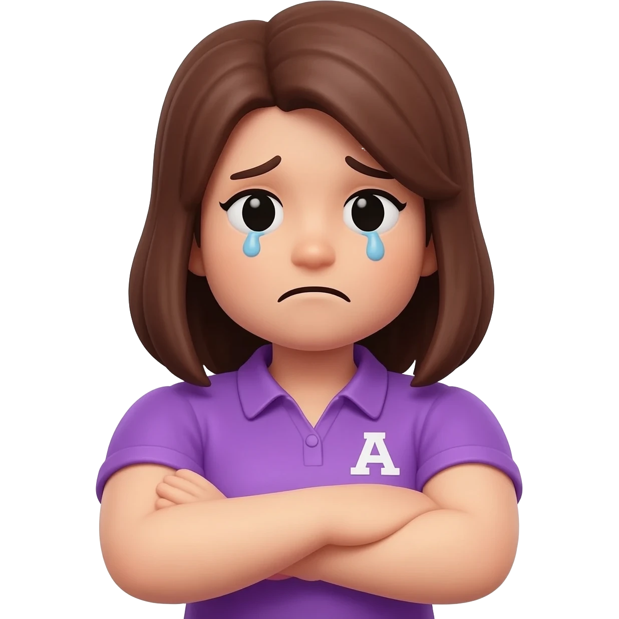 Personaje de roblox mujer cruzada de brazos con cara triste una blusa morada con la letra A y pelo cafe emoji