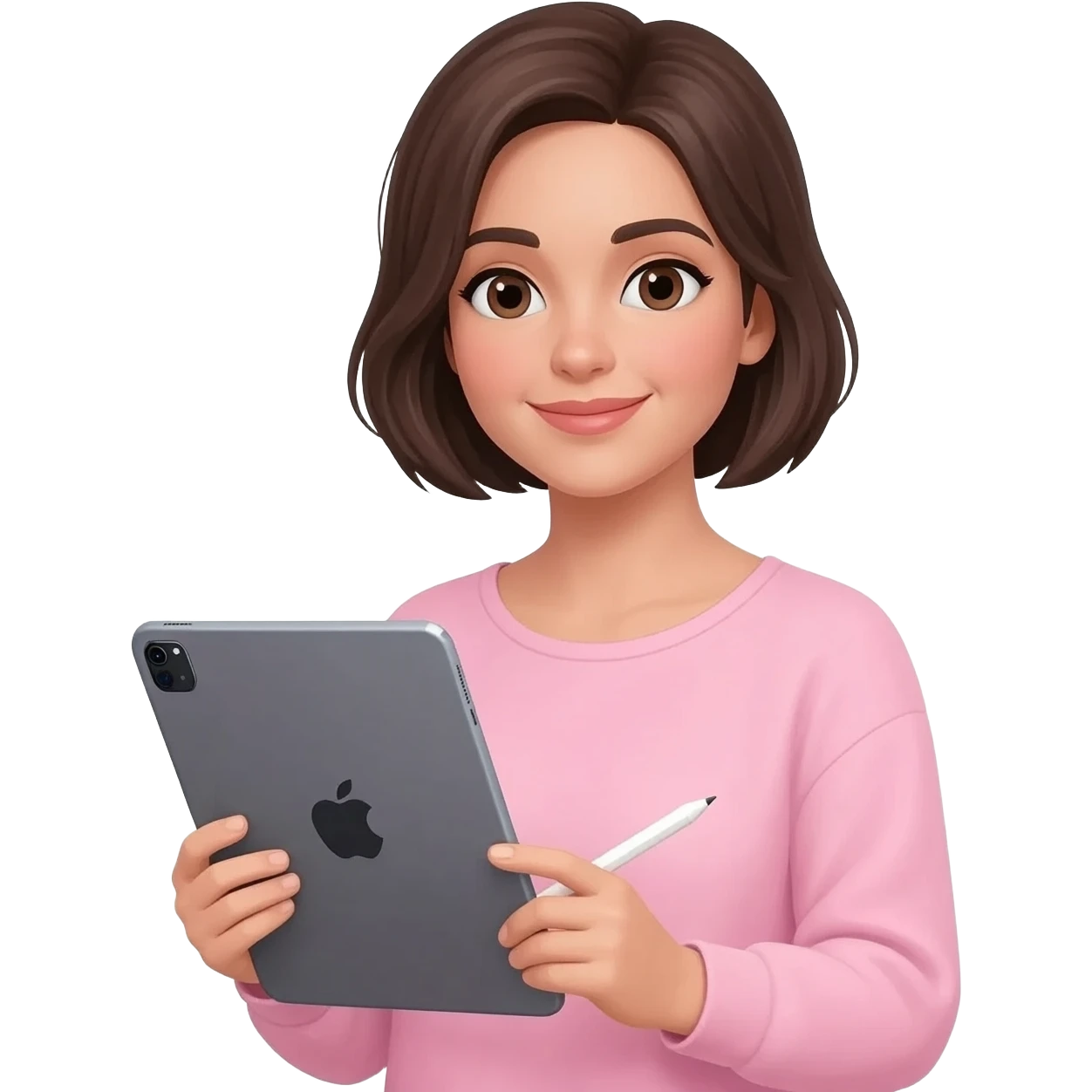 Brune aux cheveux court sans frange qui prend son temps tout doucement avec son grand iPad et un Apple Pencil. Vêtements rose pale emoji