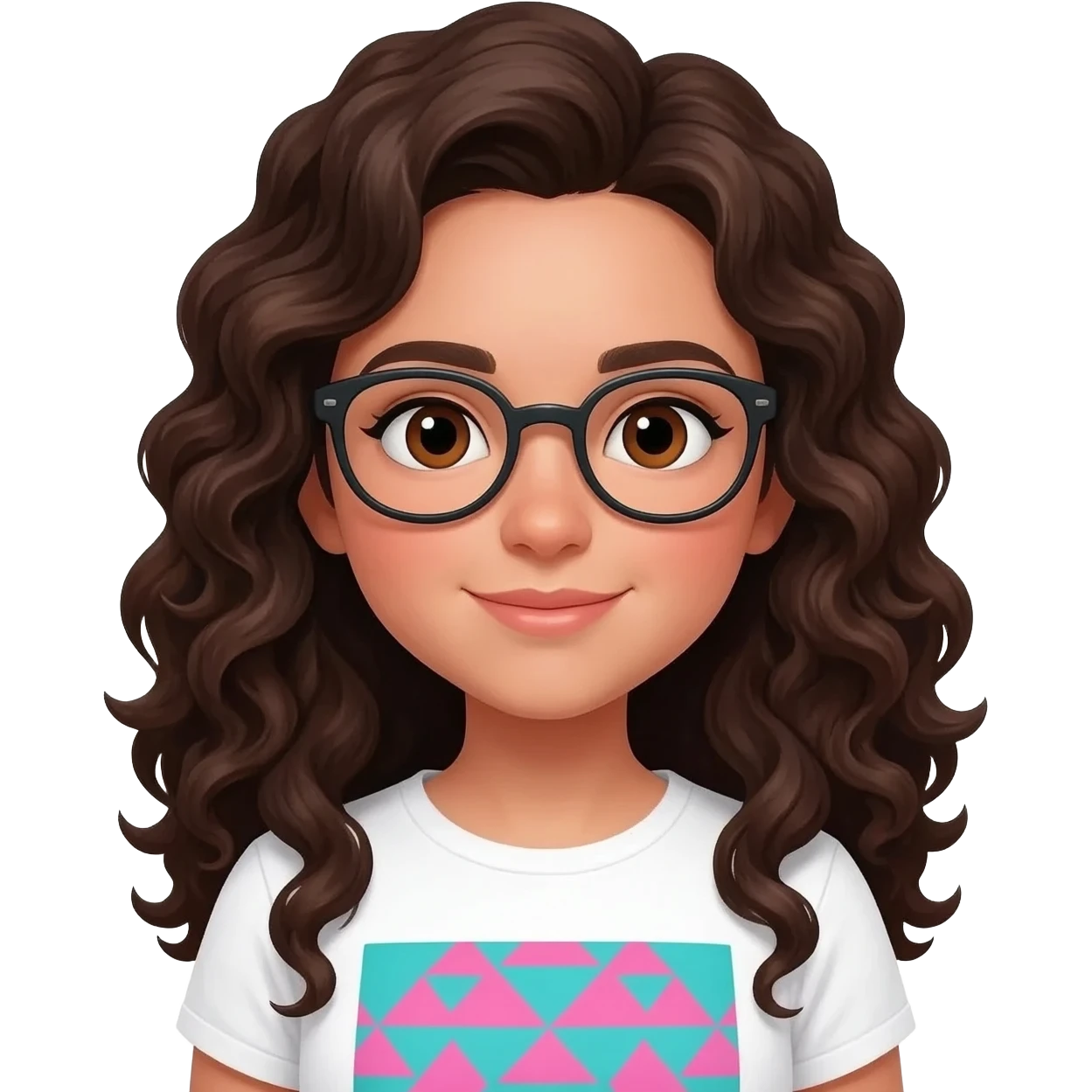 fille blanche bronzé un peu, avec une coupe de cheveux carré long frisé/bouclé/créou, faire des boucles "anglaises", brun foncé, yeux marron, lunettes, et t-shirt blanc à motif rose et turquoise emoji