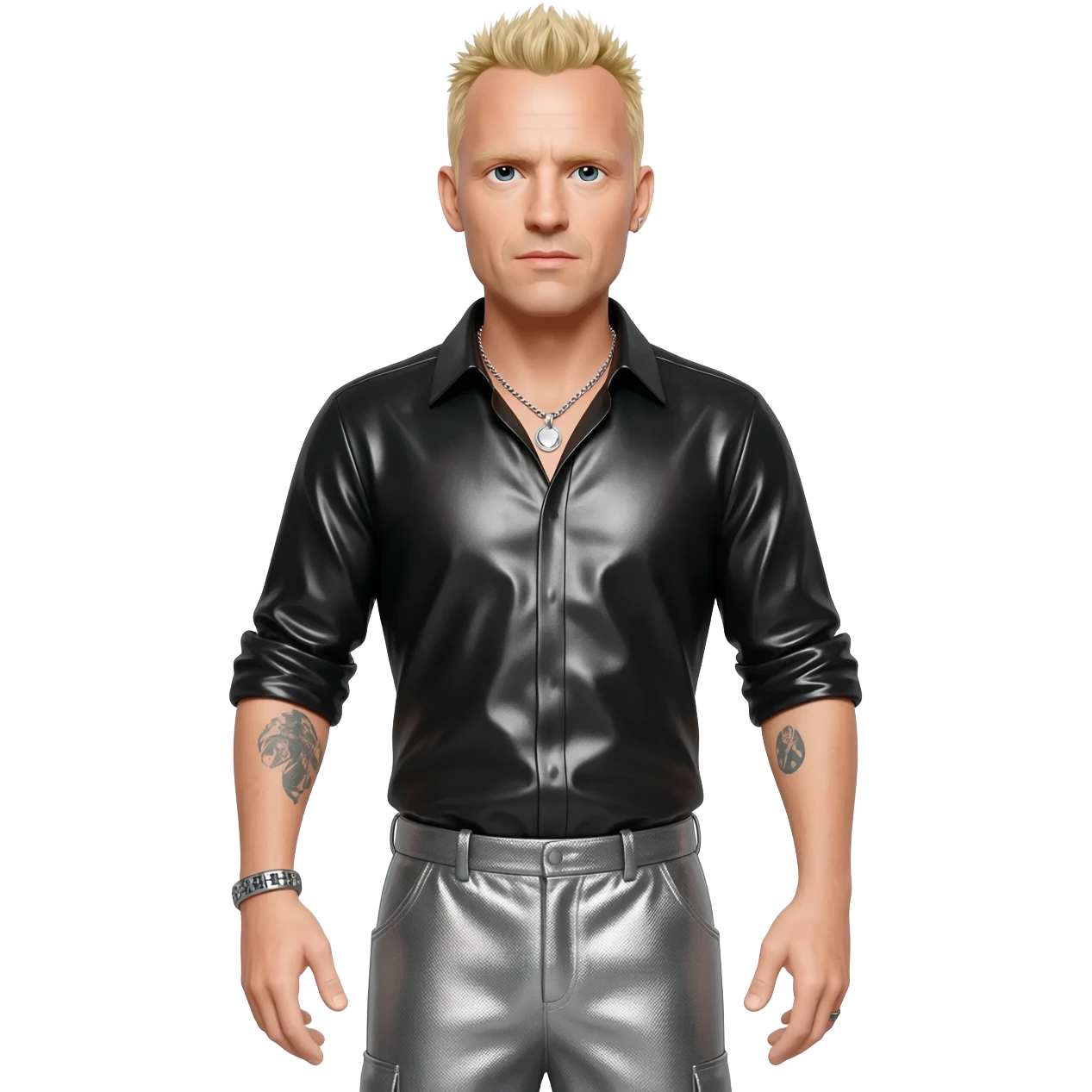 Chester Bennington with blonde hair, black metallic shirt, grey metallic baggy pants, silver necklace emoji