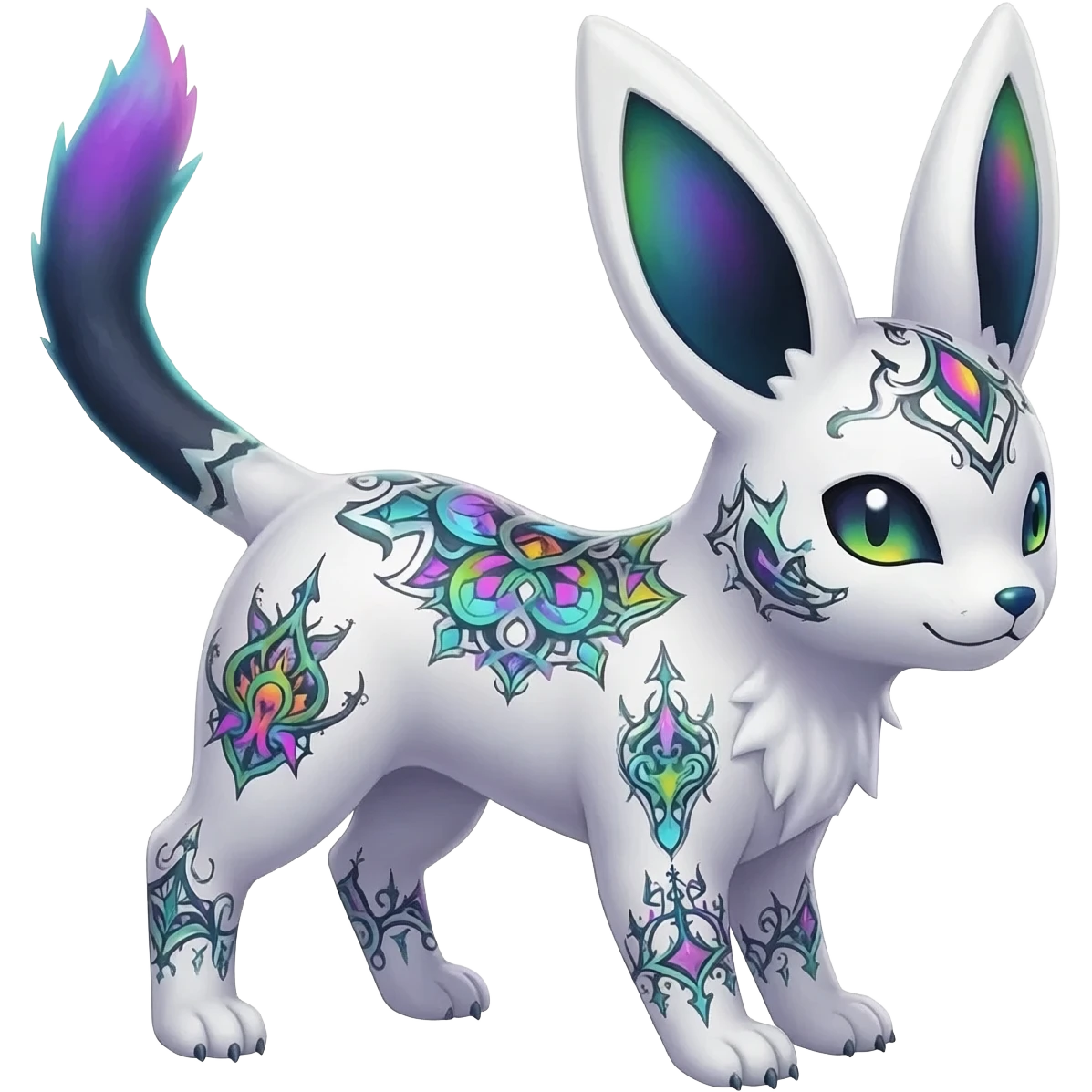 Rare neon iridescent white exotic cute epic aesthetic gothic colorful Salandit-Eevee-Civet-species-Fakemon-hybrid-creature, with intricate tattoo markings, full body emoji