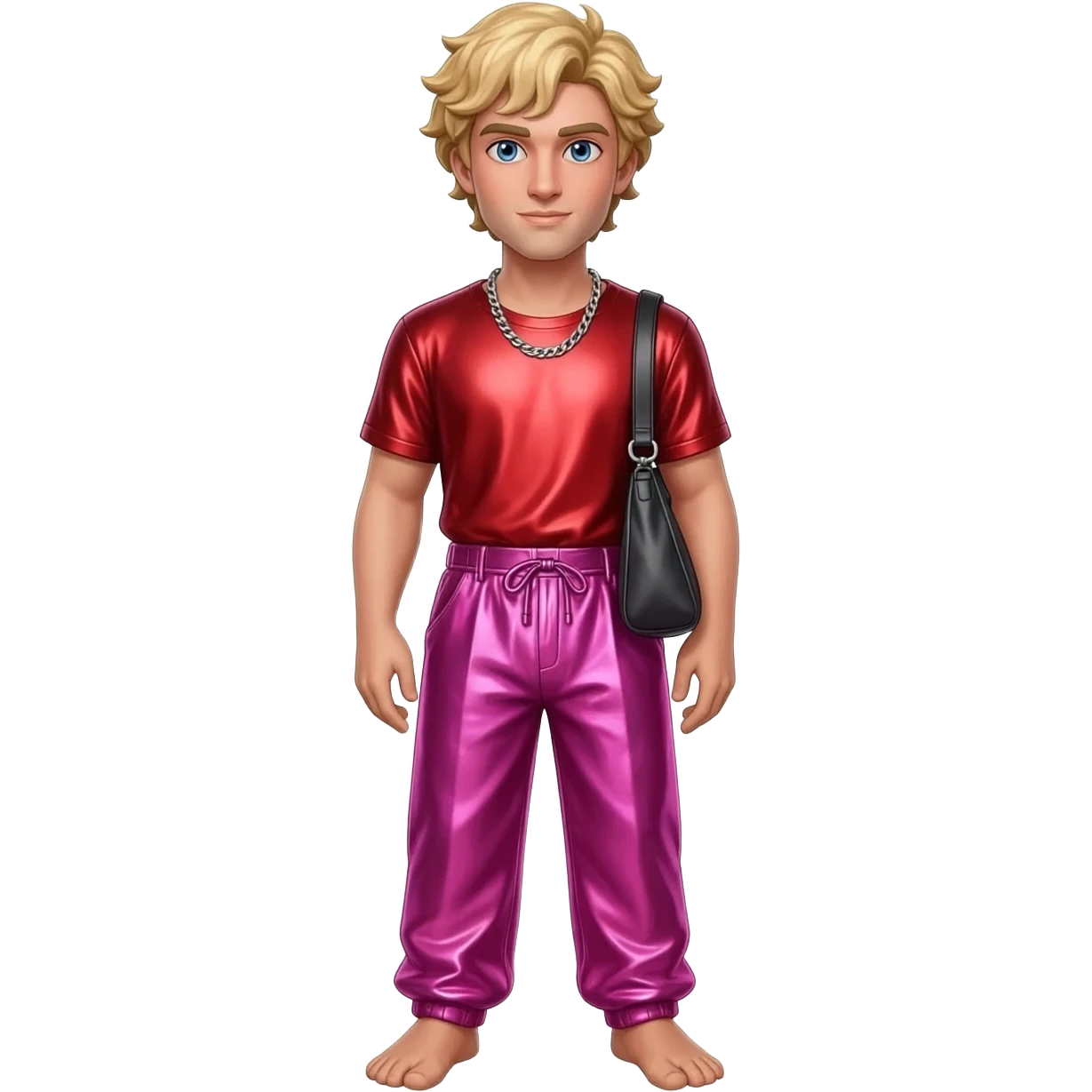 Eros from Greek Mythology with blue eyes, blonde hair, red metallic shirt, hot pink metallic baggy pants, silver necklace emoji