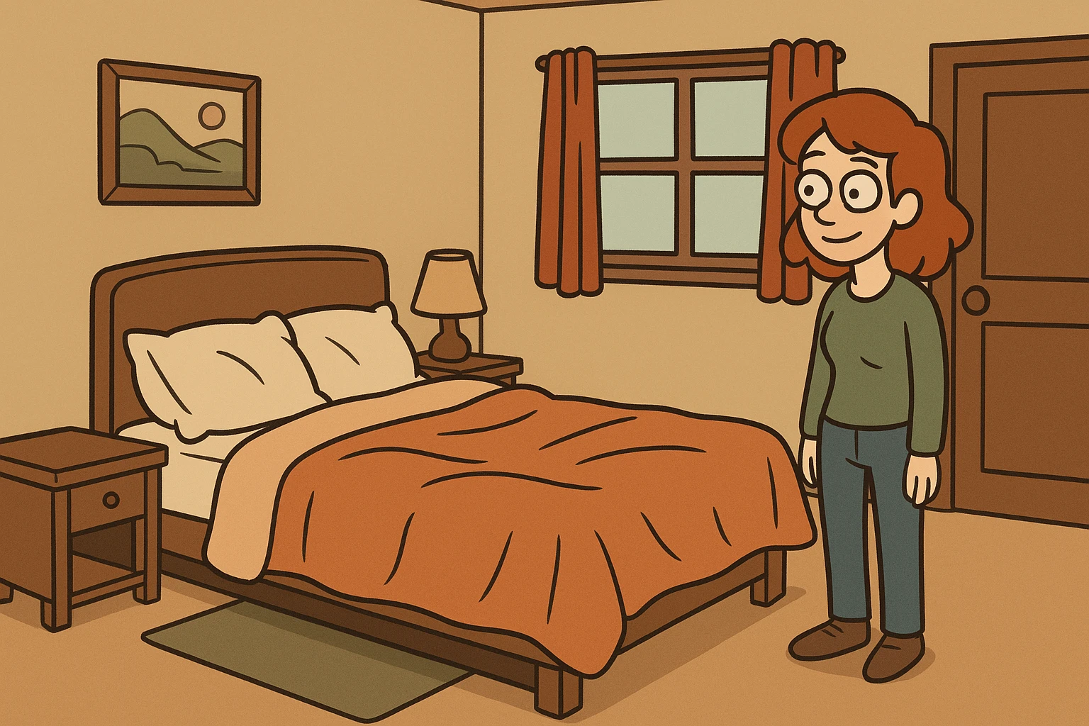 a bed in a cozy bedroom with soft blankets, inviting, simple style emoji