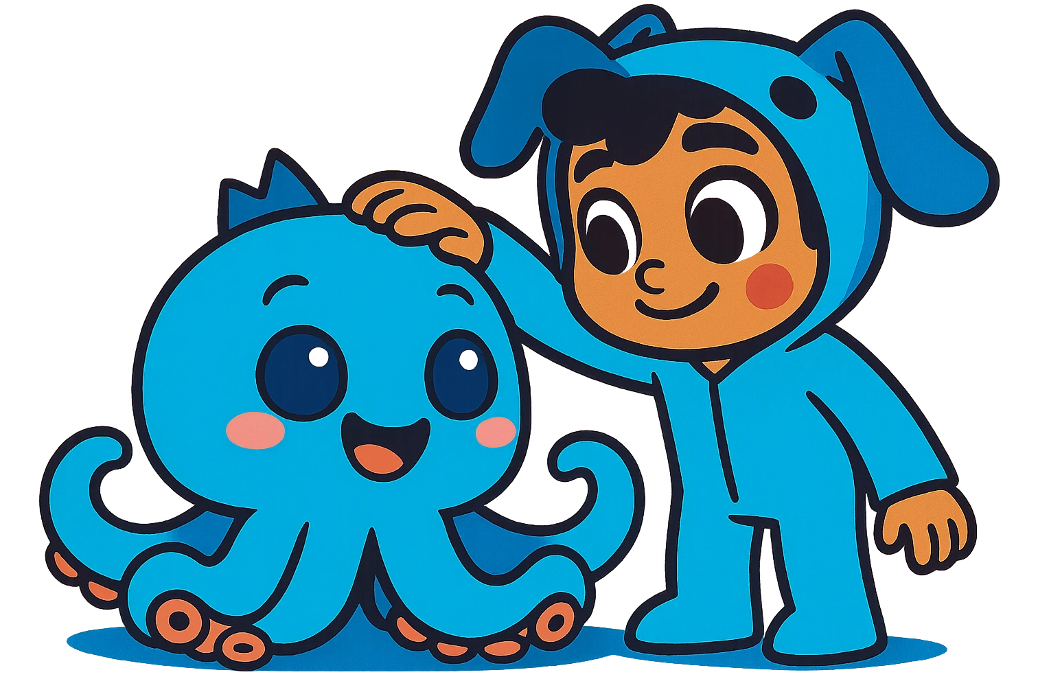 Combine the cute blue plush octopus and the human character in a blue animal onesie. Show the human gently petting the octopus, both looking happy and friendly, in a vibrant cartoon style with bold outlines and bright colors. emoji