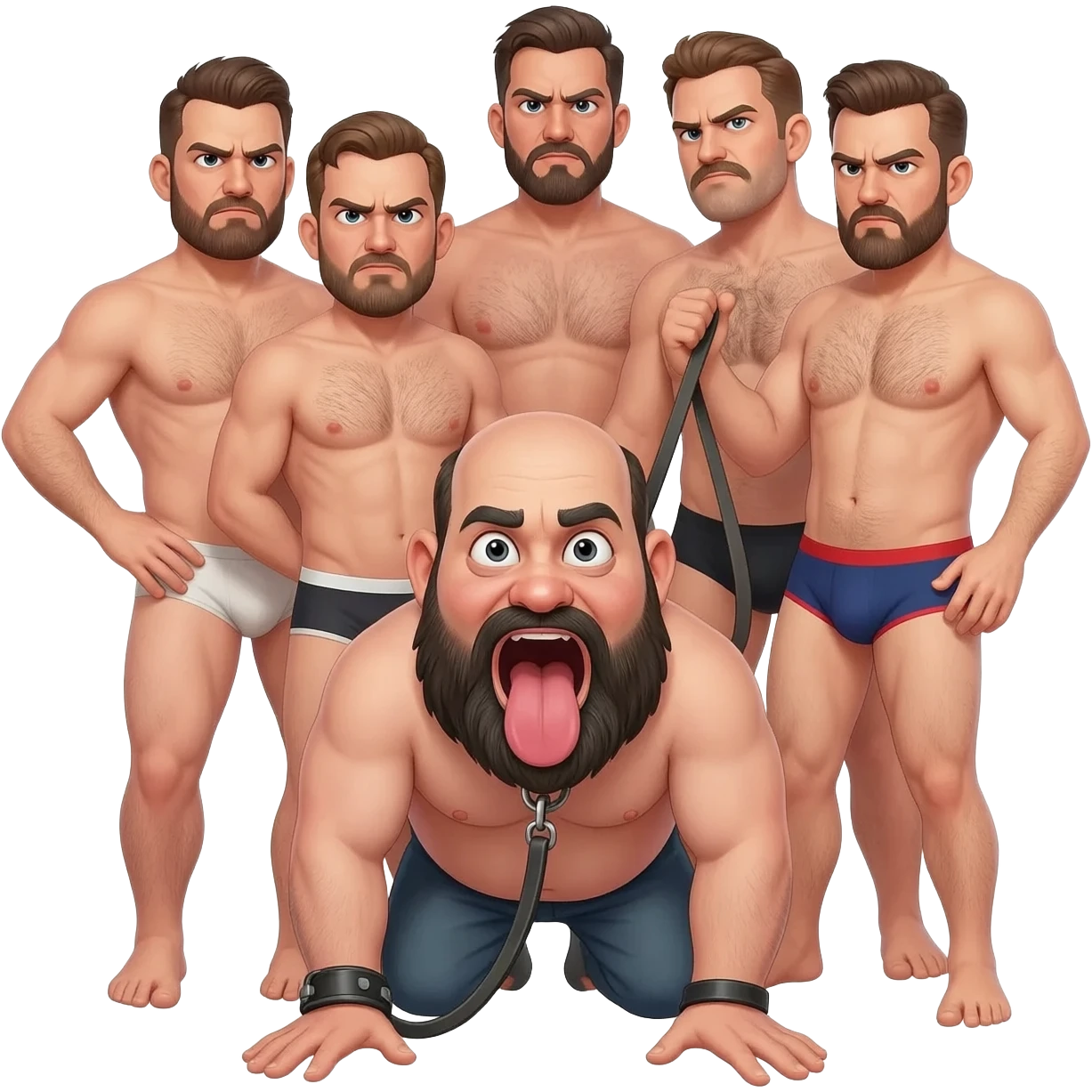 A group of mean looking shirtless hairy chested men in underwear and surrounding a chubby bald bearded guy in underwear looking up at the men with mouth wide open and tongue out on his hands and knees wearing a collar and leash held by one man emoji