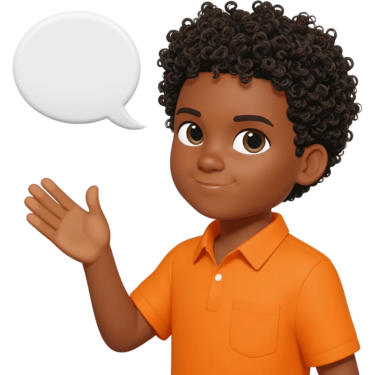 black boy curly hair orange shirt talking speech bubble emoji