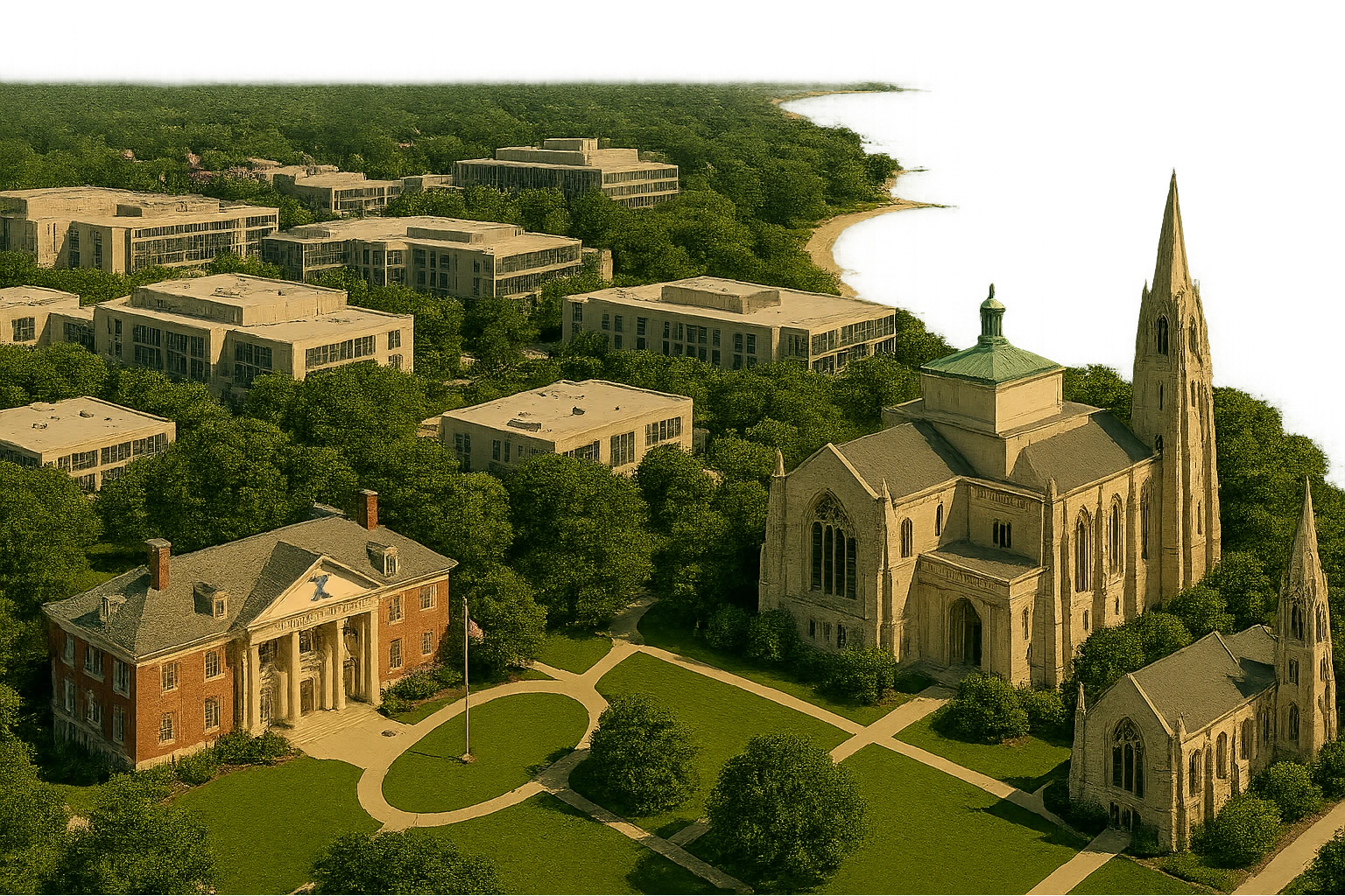 Add the Sigma Chi International Fraternity Headquarters and the Levere Memorial Chapel (Sigma Alpha Epsilon HQ) as visible, recognizable landmarks to this Evanston cityscape. Keep the Northwestern University campus and Lake Michigan shoreline clearly visible and intact. Do not include downtown Evanston. All four features must be present and recognizable. Render in a cinematic, realistic style with a transparent background. emoji