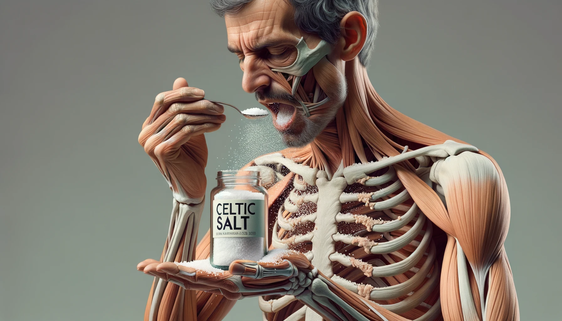 A REALISTIC ANATOMIC human body holding a jar with "CELTIC SALT" written on the label, he throws it in his mouth DURING BREAKFAST, NEUTRAL CLEAR BACKGROUND emoji