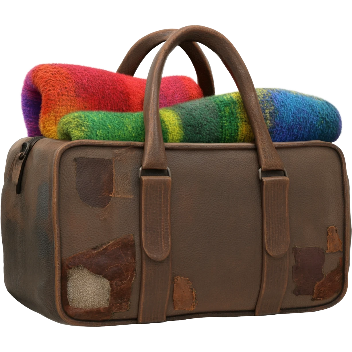 blankets shoved into a old leather duffel bag emoji