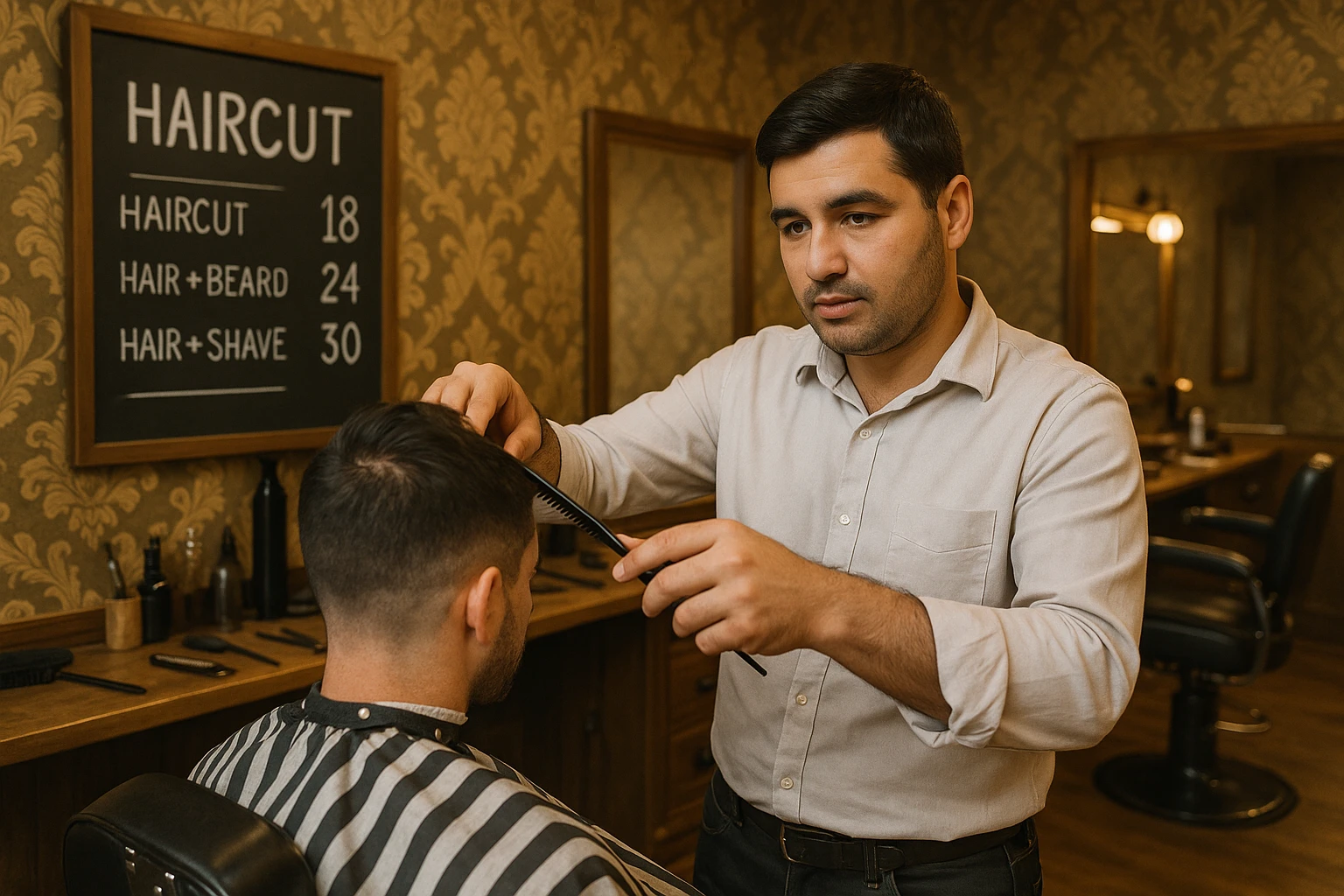 Draw me a picture of a barbershop that looks like this guy working in a barbershop. The barbershop doesn't have to be very modern. It should be on a medium floor. Also draw a blackboard on the wall. It should have the prices for haircuts there. emoji