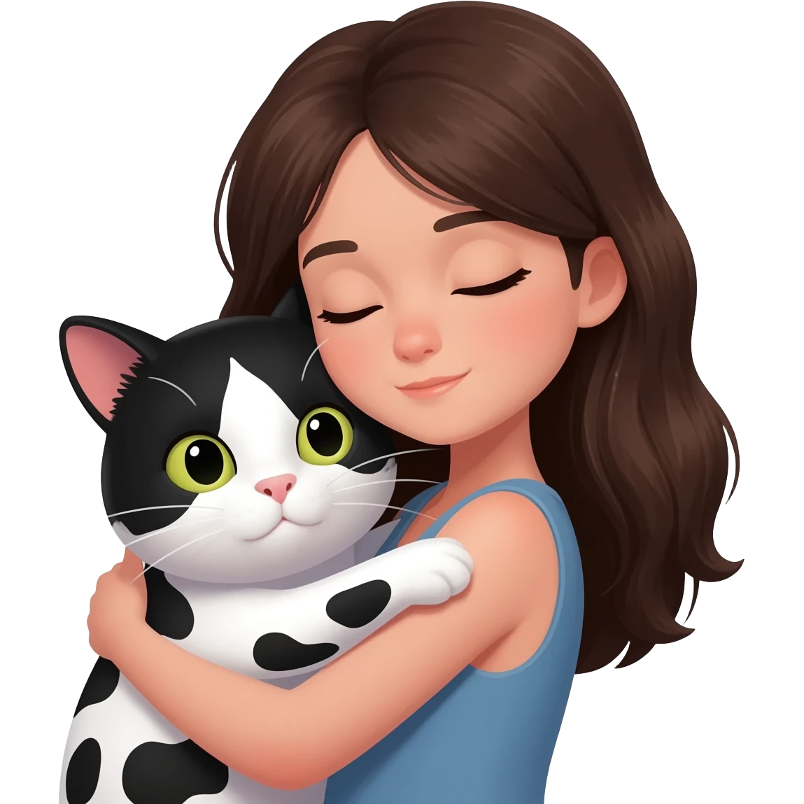 A young woman with long dark brown hair, hugging a black and white cow-patterned cat, 3D emoji style, white background. emoji
