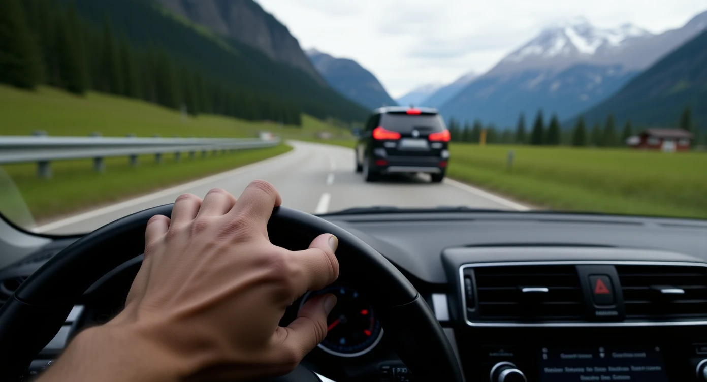 Realistic camshot pov car (hands holding car wheel) switzerland road with car crash emoji