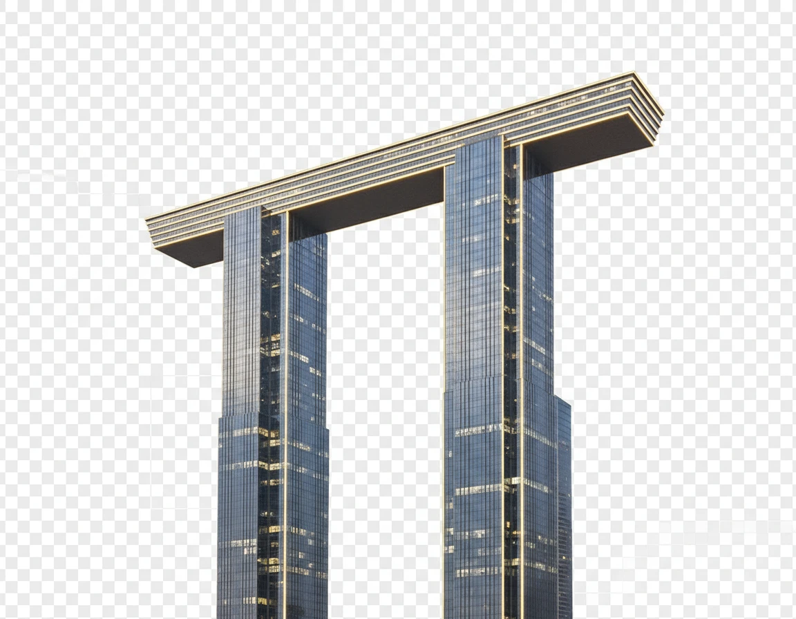 Стилизуй этот горизонтальный небоскреб под Москва-Сити с небольшим желтым свечением-подсветкой. Сделай его 2 стойки нереально высокими, расстояние между ними большое, не так близко они должны быть друг к другу, а верхнюю горизонтальную часть - длиннее

Фотореализм. Прозрачный фон emoji