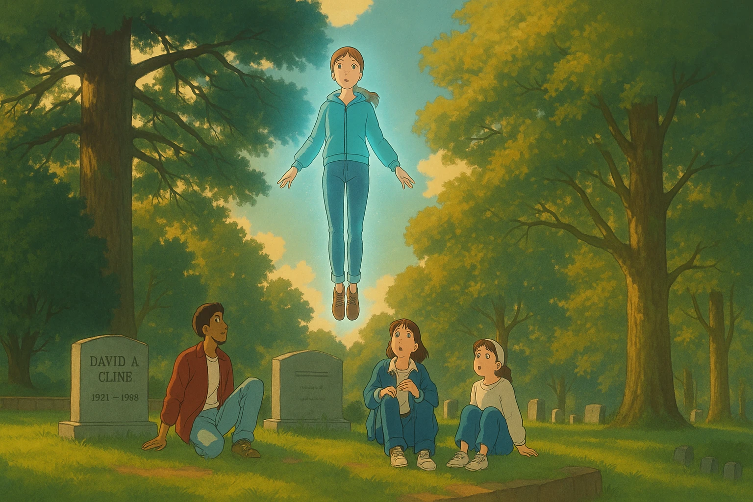 Create a scene inspired by Stranger Things featuring a girl levitating above a grave in a cemetery, with three friends watching her from the ground. Render in Ghibli style with a wide aspect ratio (16:9). The atmosphere should be expressive and cinematic with a supernatural vibe. Use the reference image for composition and mood guidance. emoji