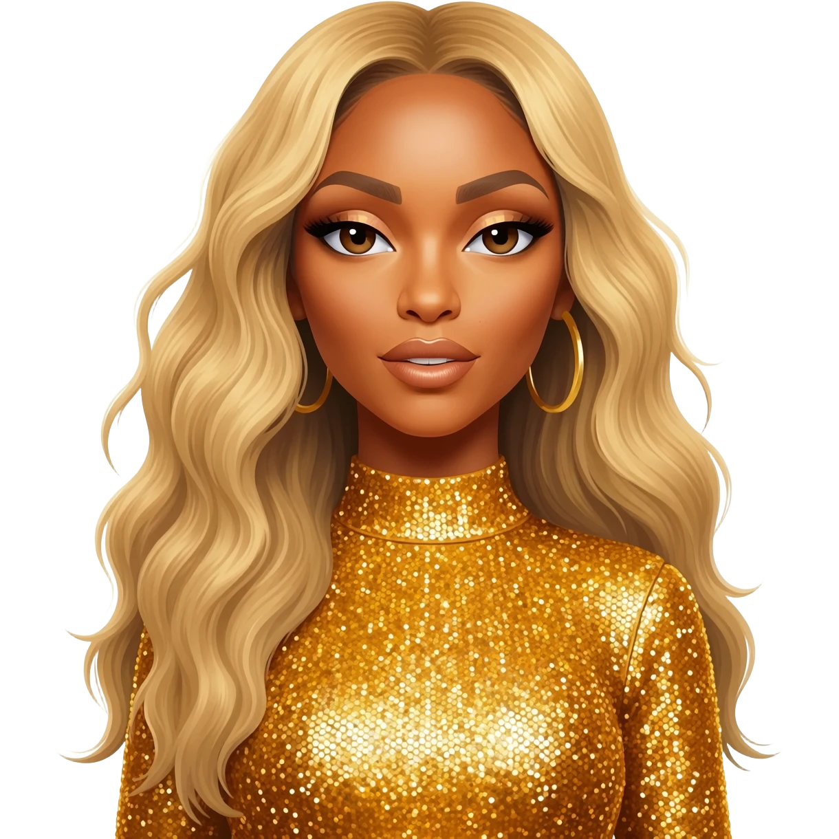 Beyonce with long blonde hair, gold outfit emoji