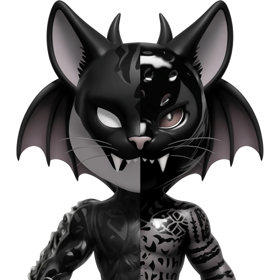 dark spooky badass cool shiny glossy smooth soft Black edgy Noivern-Noibat-Purloin-Torracat-Lykoi-Caracal-cat-Fakemon-fusion-hybrid-creature with bat wings on head as ears, big fangs, gothic markings emoji