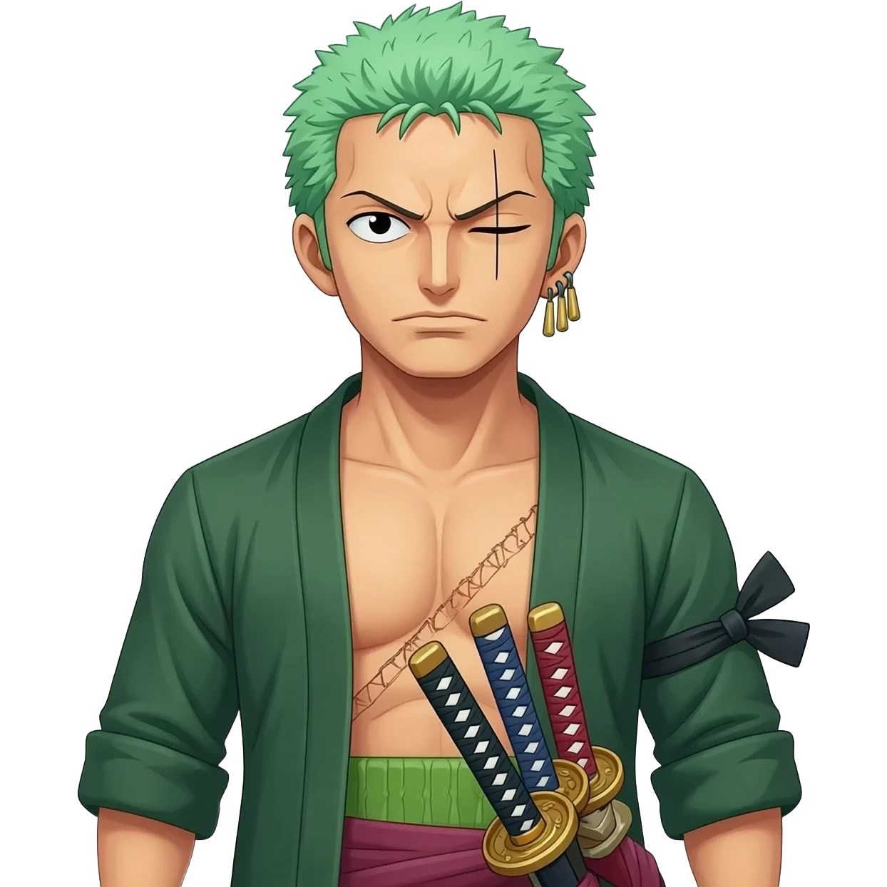 Roronoa Zorode One Piece sin camiseta en Netflix con sus tres  katanas emoji