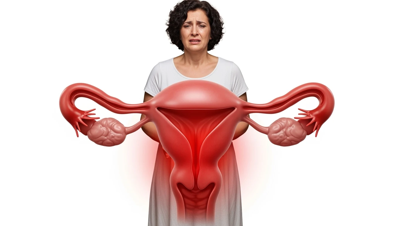 donna a figura intera con utero umano realistico in 3d in evidenza dolorante, espressione di dolore in volto, sfondo bianco, non farla computerizzata, ma iperrealistica 4k, sfondo bianco emoji